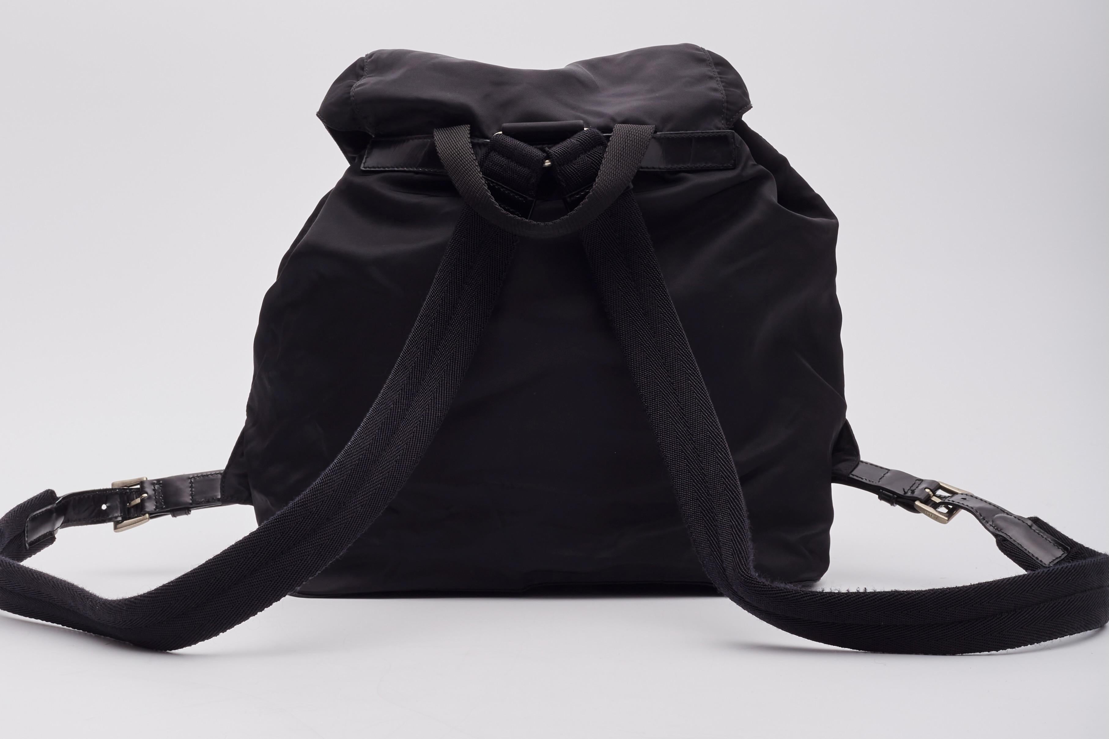Women's or Men's Prada Vintage Black Nylon Tessuto Two Pocket Backpack For Sale