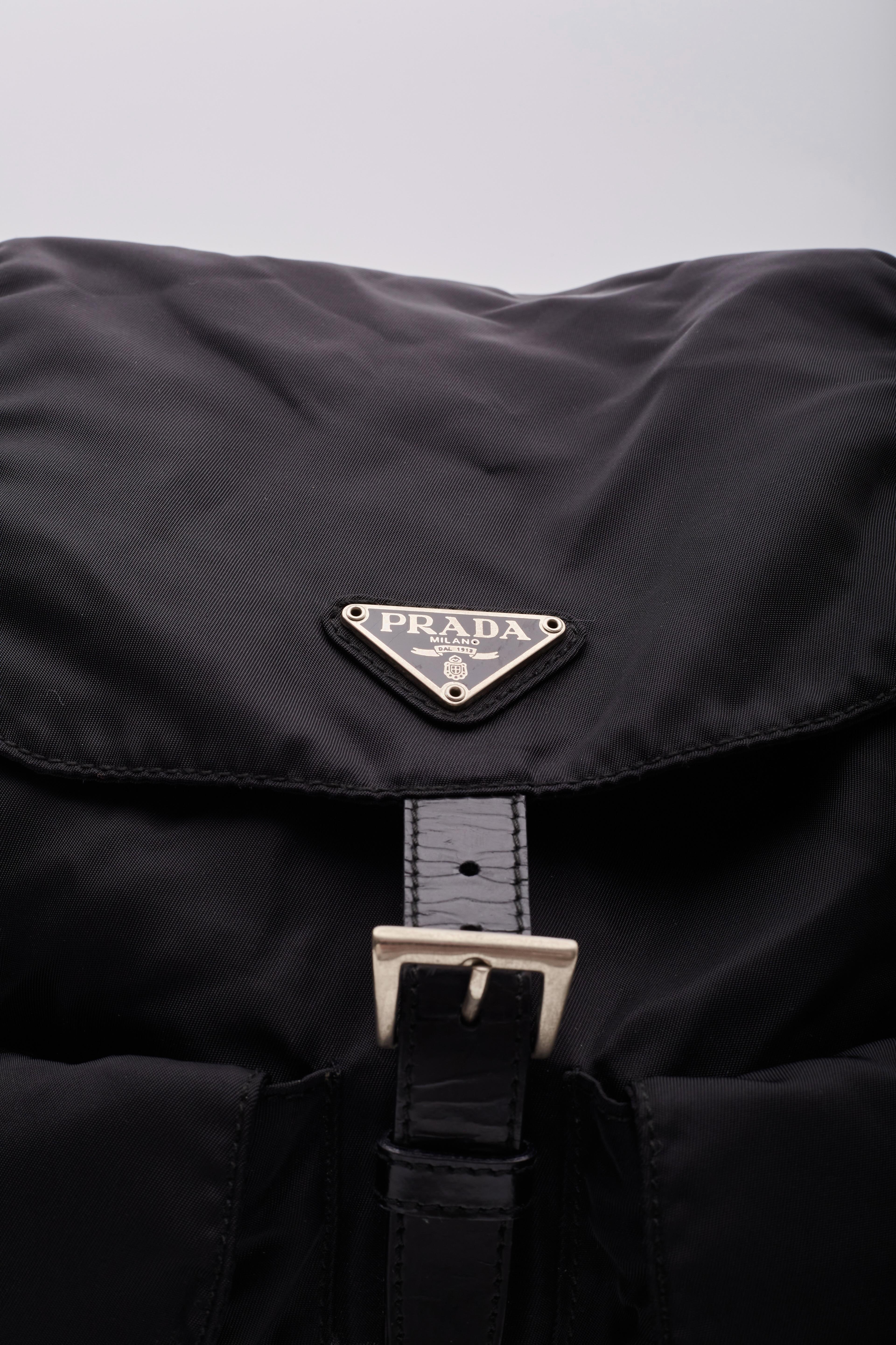 Prada Vintage Black Nylon Tessuto Two Pocket Backpack For Sale 4