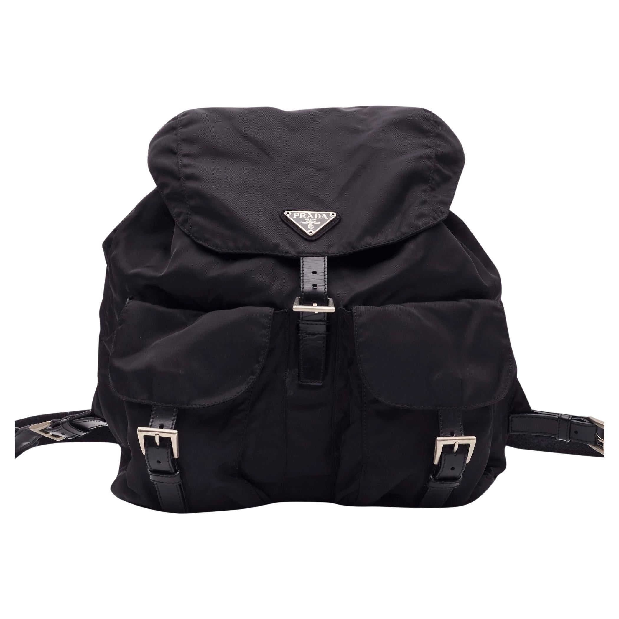 Prada Vintage Black Nylon Tessuto Two Pocket Backpack For Sale