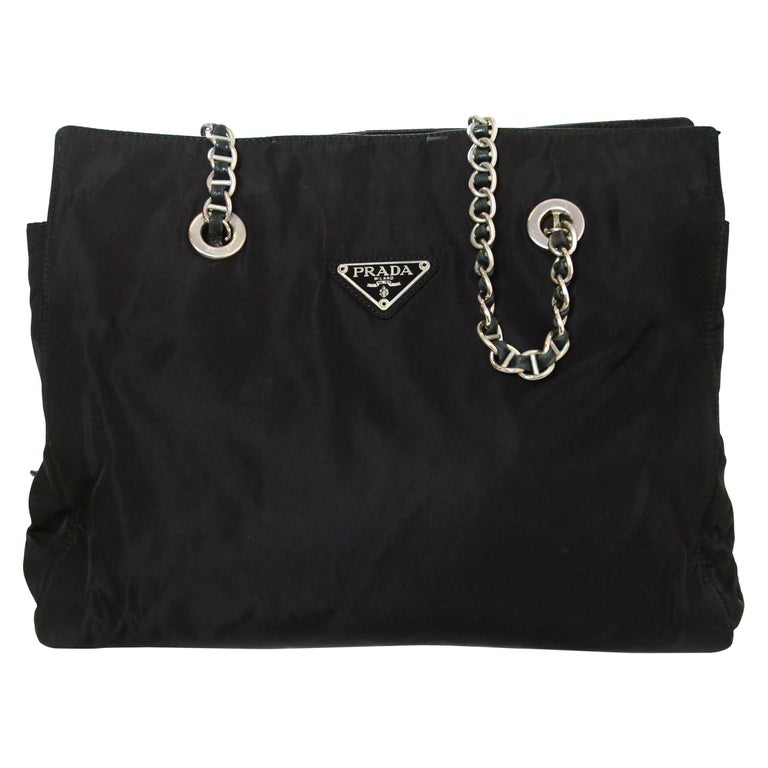 Prada Vintage Black Nylon Tote Bag w/Leather Laced Chain