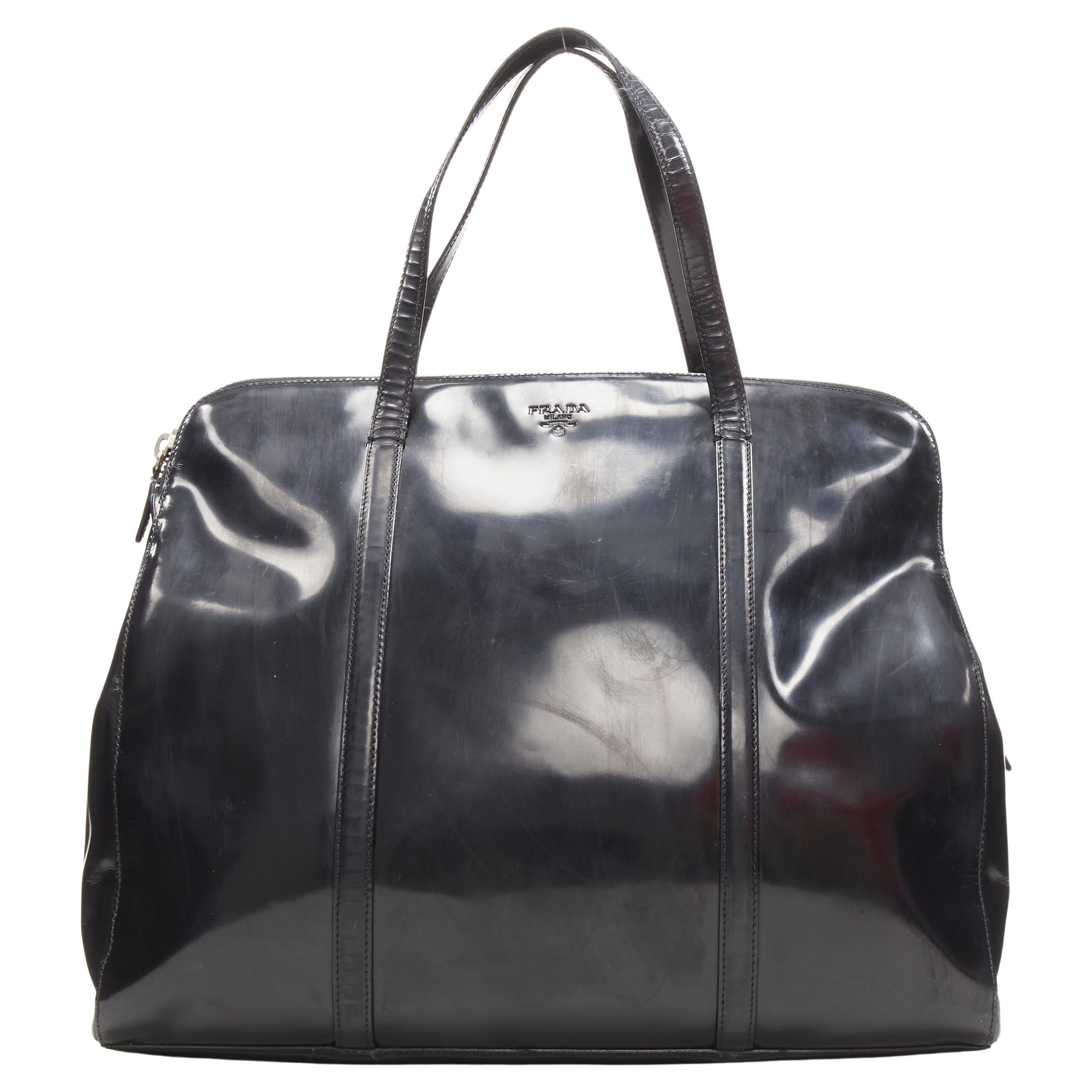 PRADA Vintage black shiny leather top handle large top bag