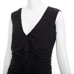 PRADA Vintage black silk ruched ruffle front V neck dress IT44 L