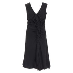 PRADA Vestido vintage de seda negra con volantes y escote en V IT44 L