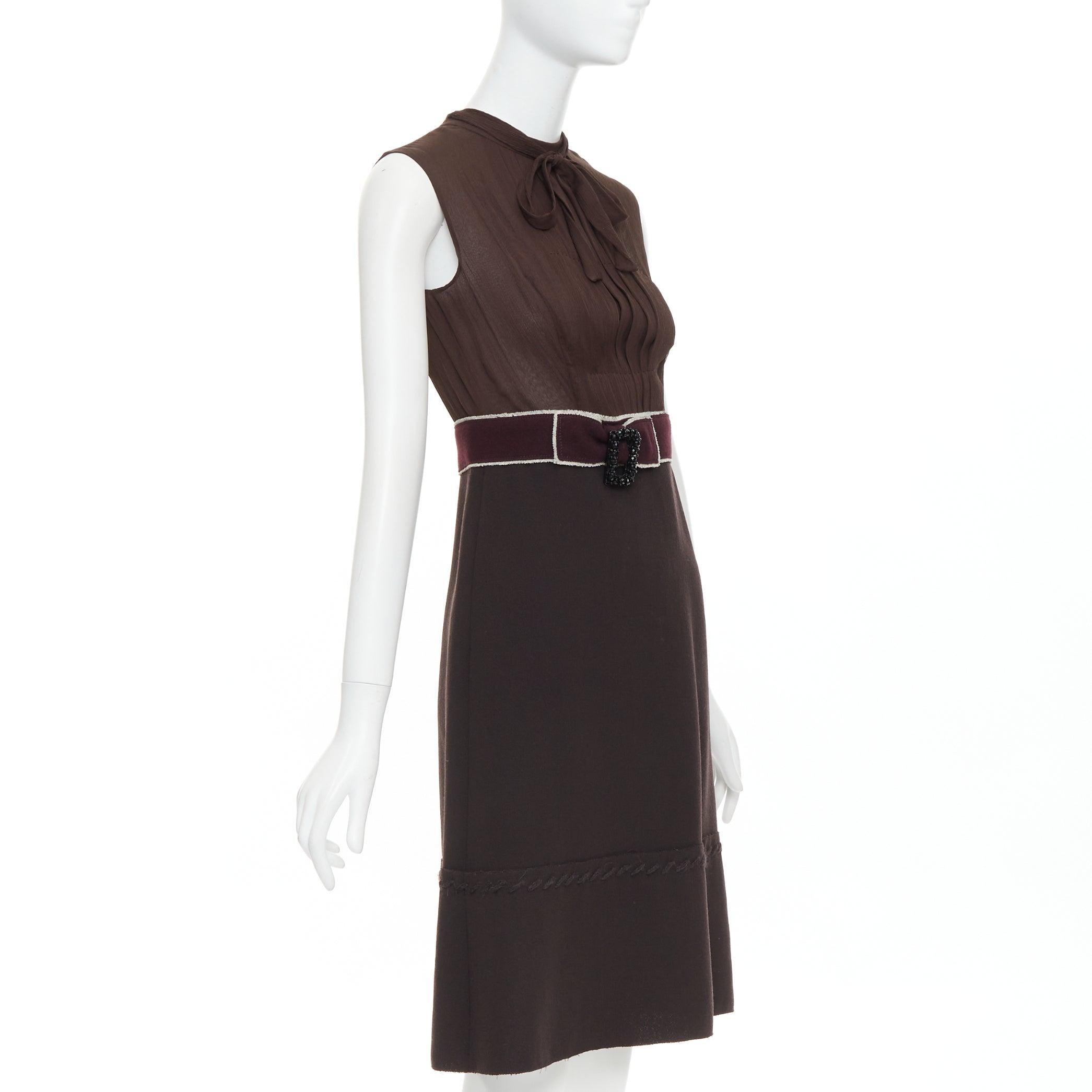 Black PRADA Vintage brown 100% silk chiffon crystal buckle crepe belted dress IT40 S For Sale