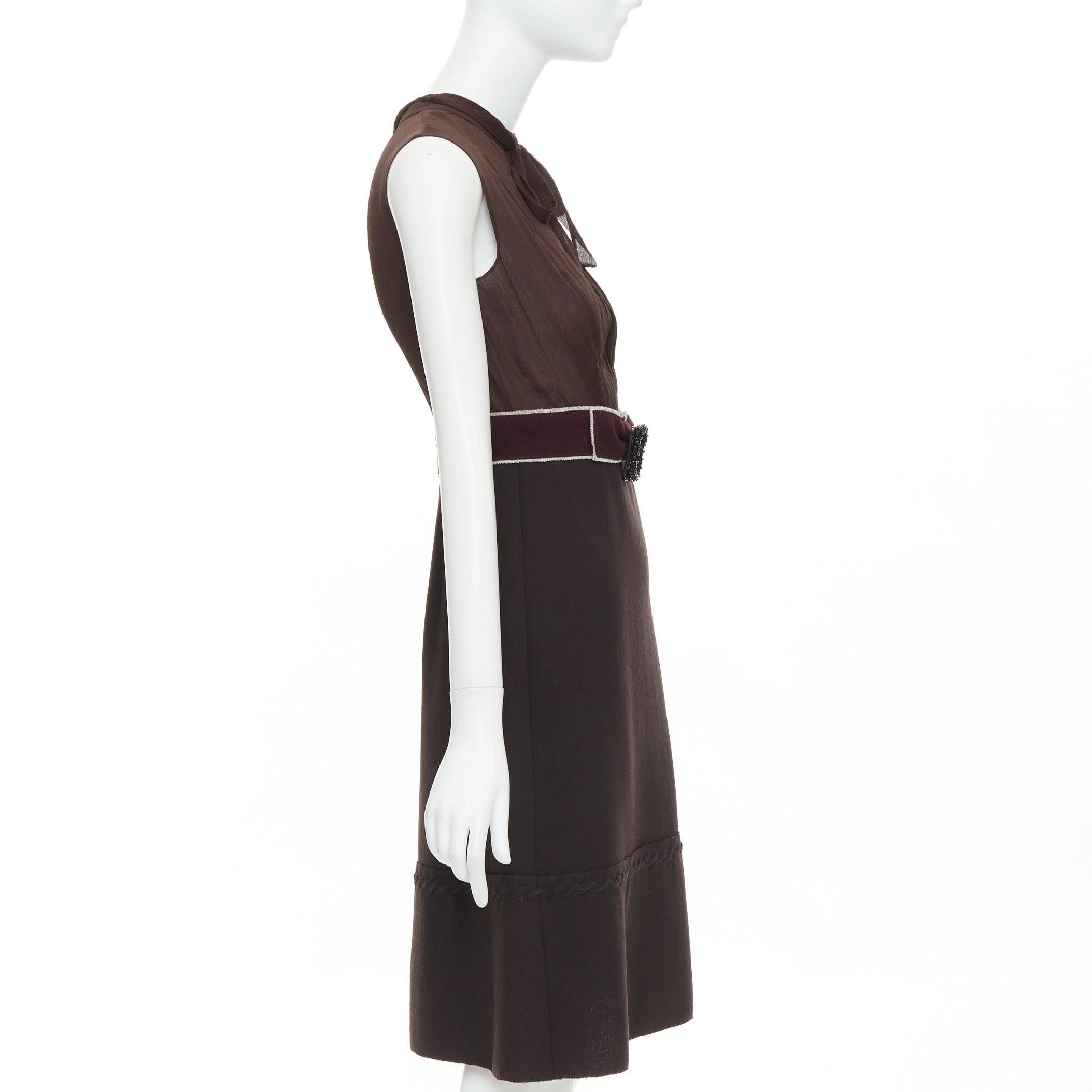 PRADA Vintage brown 100% silk chiffon crystal buckle crepe belted dress IT40 S In Excellent Condition For Sale In Hong Kong, NT