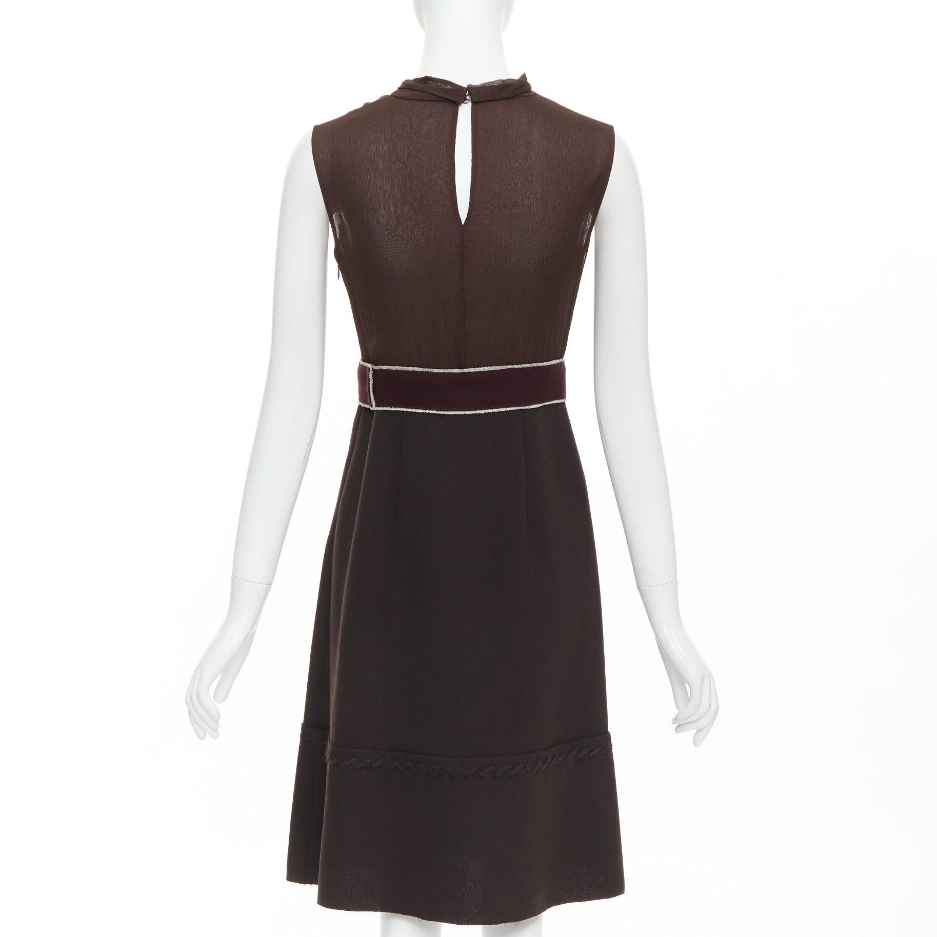 Women's PRADA Vintage brown 100% silk chiffon crystal buckle crepe belted dress IT40 S For Sale