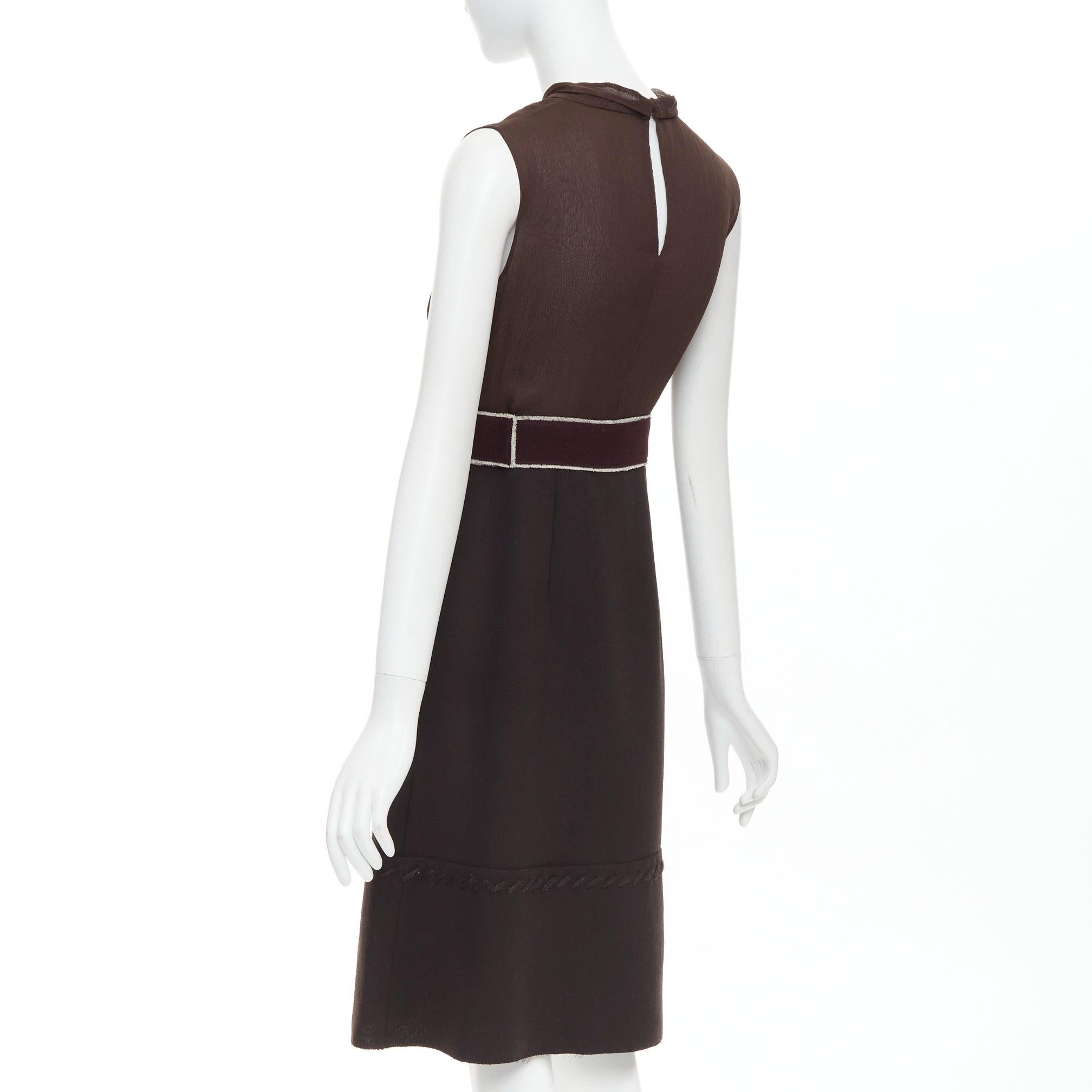PRADA Vintage brown 100% silk chiffon crystal buckle crepe belted dress IT40 S For Sale 1