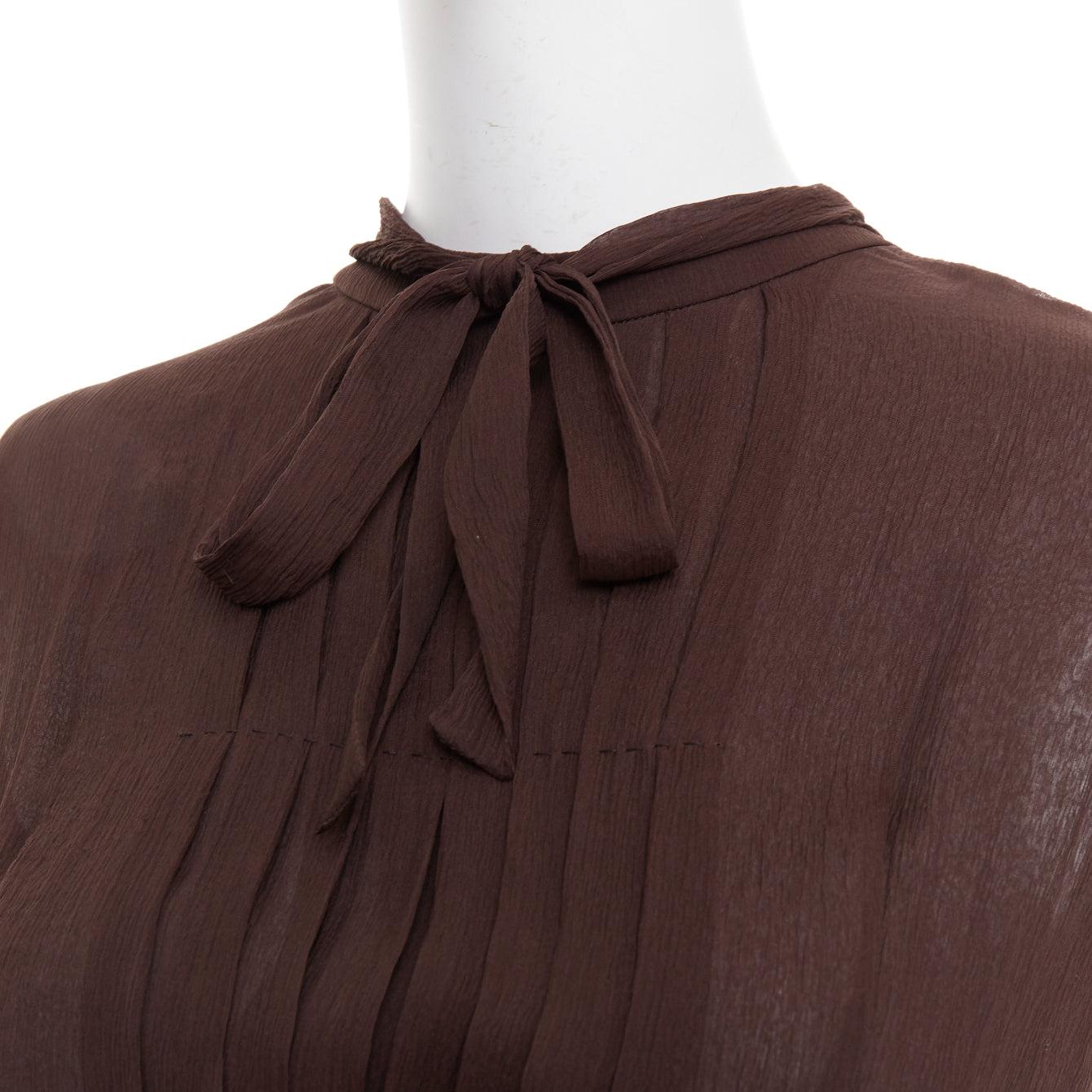 PRADA Vintage brown 100% silk chiffon crystal buckle crepe belted dress IT40 S For Sale 2