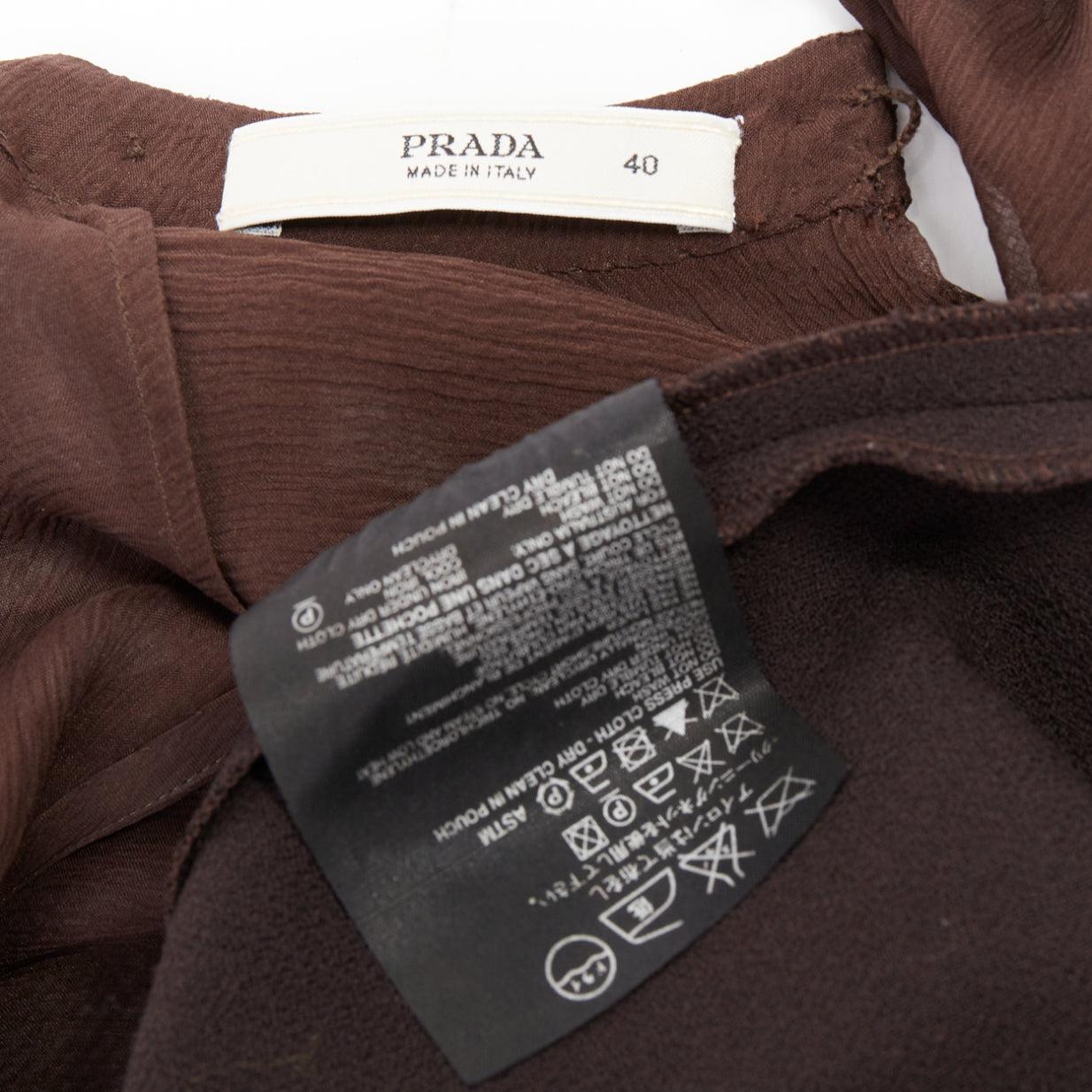 PRADA Vintage brown 100% silk chiffon crystal buckle crepe belted dress IT40 S For Sale 3
