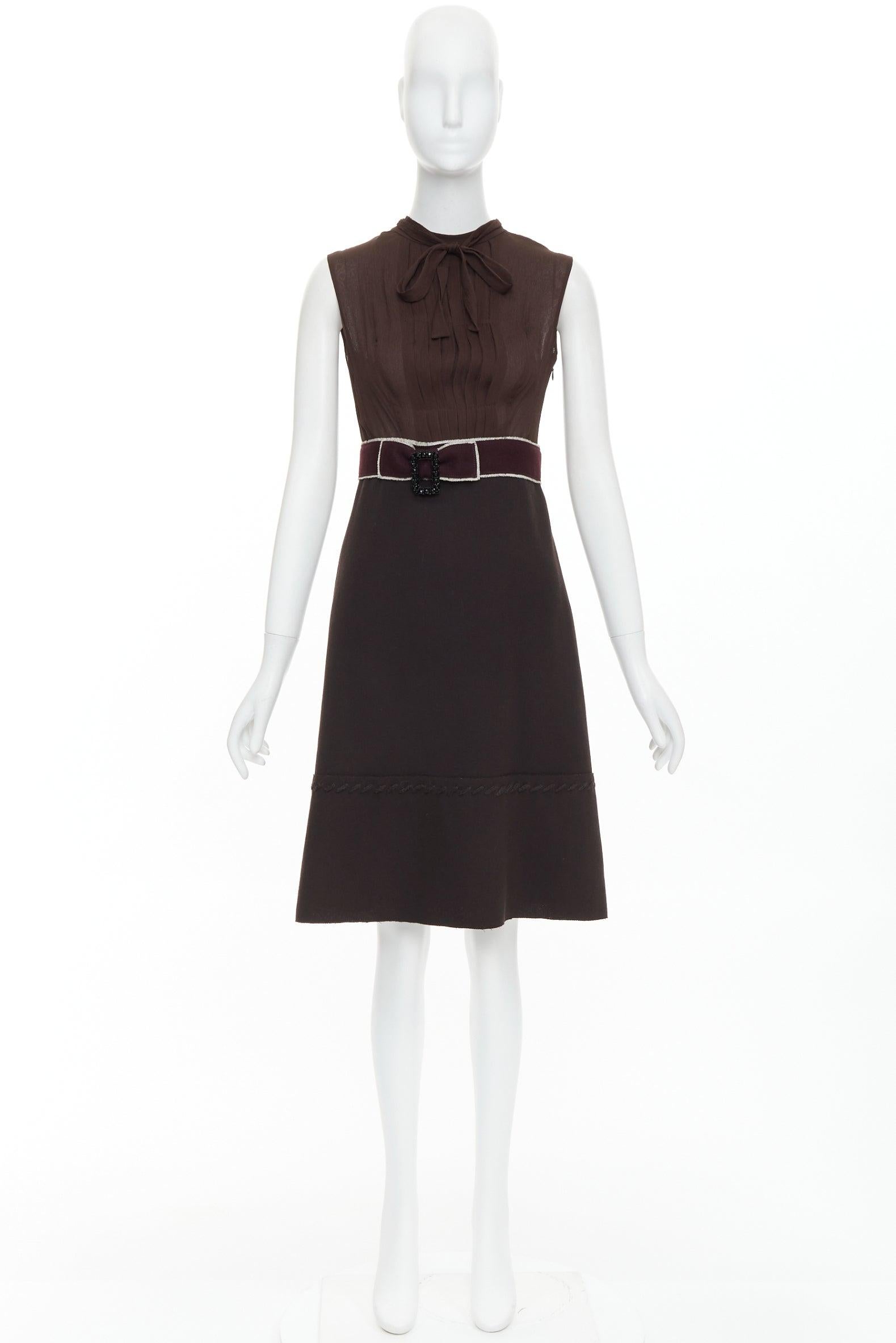 PRADA Vintage brown 100% silk chiffon crystal buckle crepe belted dress IT40 S For Sale 4