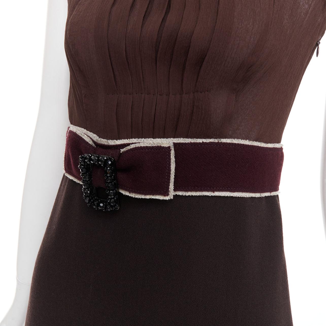 PRADA Vintage brown 100% silk chiffon crystal buckle crepe belted dress IT42 M
Reference: CC/A00468
Brand: Prada
Designer: Miuccia Prada
Material: Silk
Color: Brown, Burgundy
Pattern: Solid
Closure: Zip
Lining: Brown Silk
Made in: