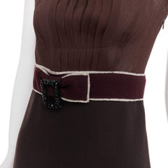 PRADA Vintage brown 100% silk chiffon crystal buckle crepe belted dress IT42 M