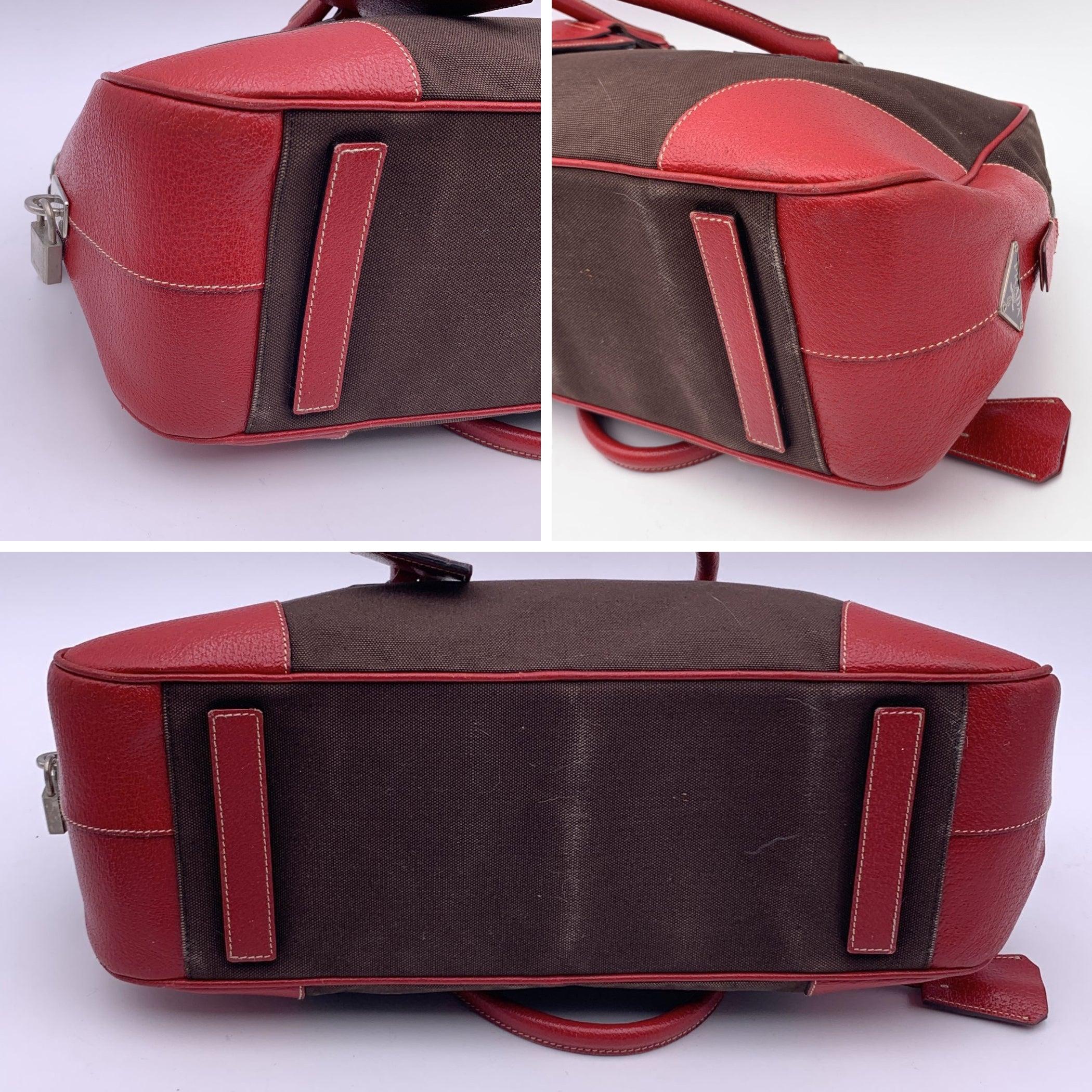 Women's Prada Vintage Brown and Red Leather Bowling Bag Satchel B10804 For Sale