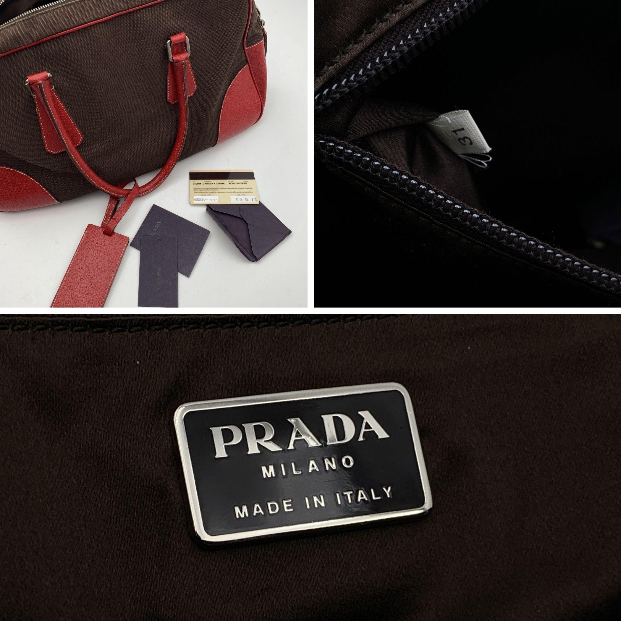 Prada Vintage Brown Canvas Red Leather Bowling Bag Satchel B10804 2