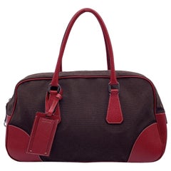 Prada Vintage Brown Canvas Red Leather Bowling Bag Satchel B10804