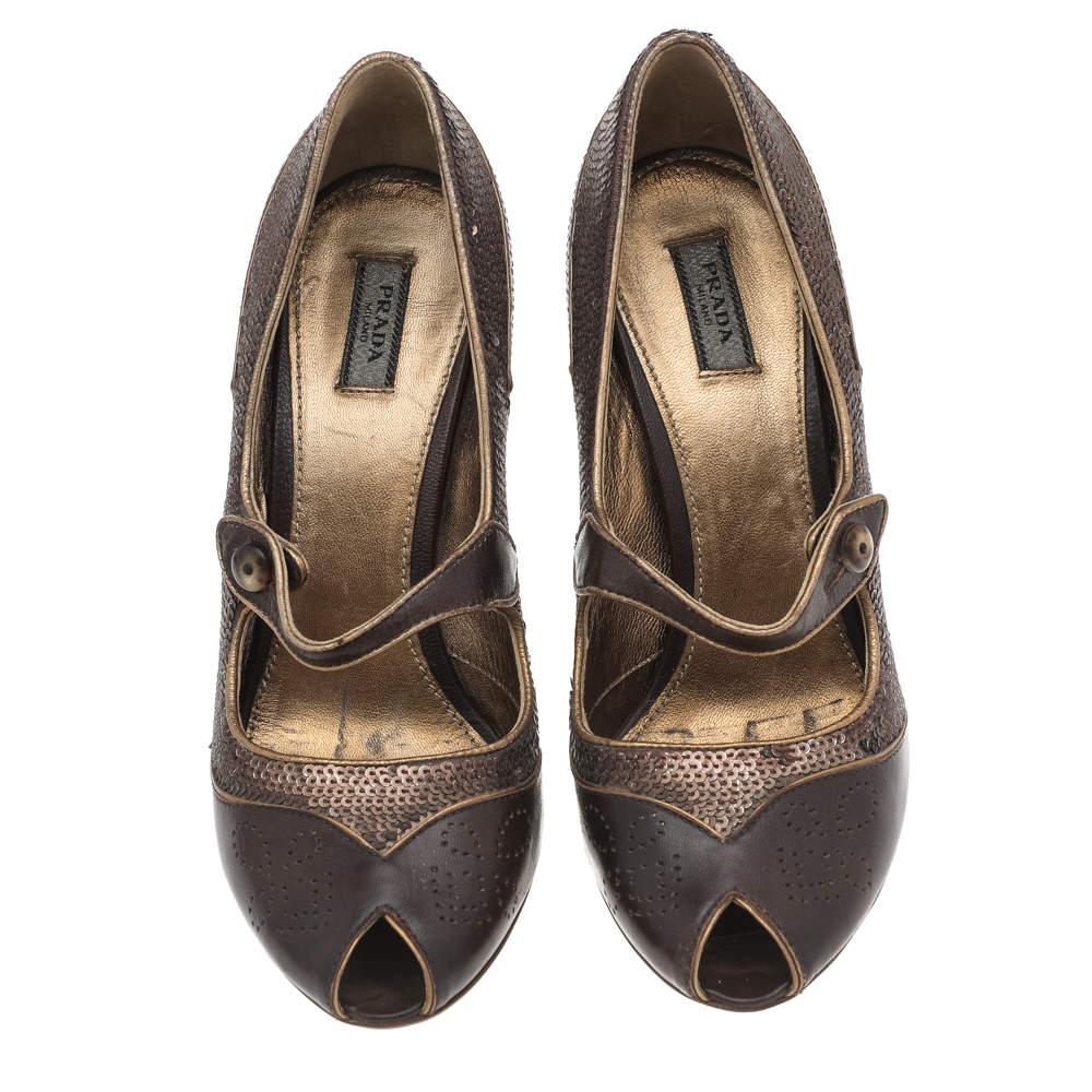 Black Prada Vintage Brown Leather And Sequins Mary Jane Peep Toe Pumps Size 37