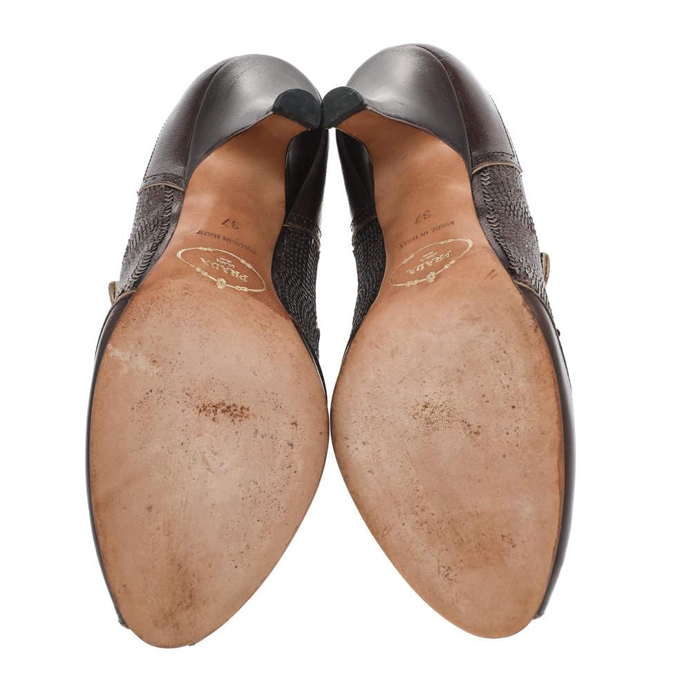 Prada Vintage Brown Leather And Sequins Mary Jane Peep Toe Pumps Size 37 1