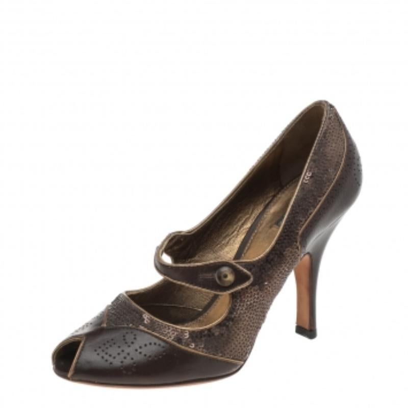 Prada Vintage Brown Leather And Sequins Mary Jane Peep Toe Pumps Size 37 For Sale 1