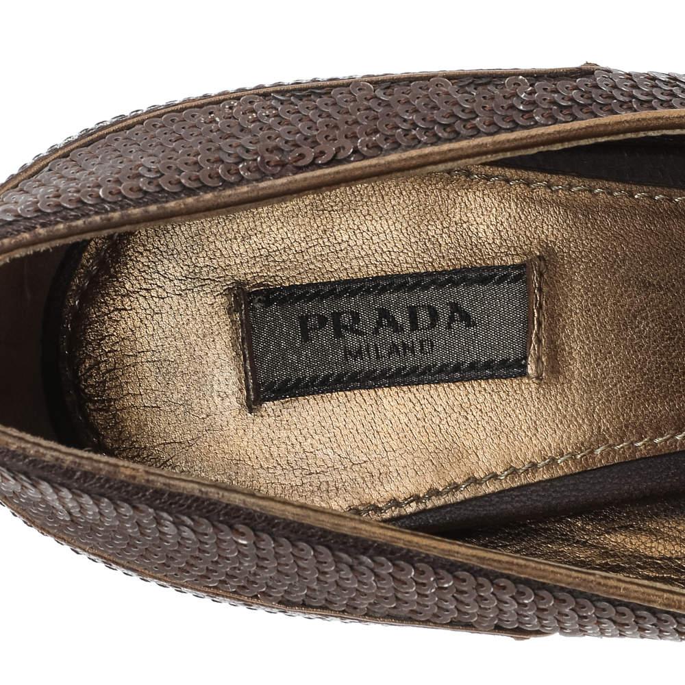 Prada Vintage Brown Leather And Sequins Mary Jane Peep Toe Pumps Size 37 2