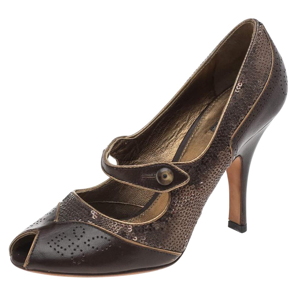 Prada Vintage Brown Leather And Sequins Mary Jane Peep Toe Pumps Size 37