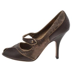 Prada Vintage Brown Leather And Sequins Mary Jane Peep Toe Pumps Talla 37