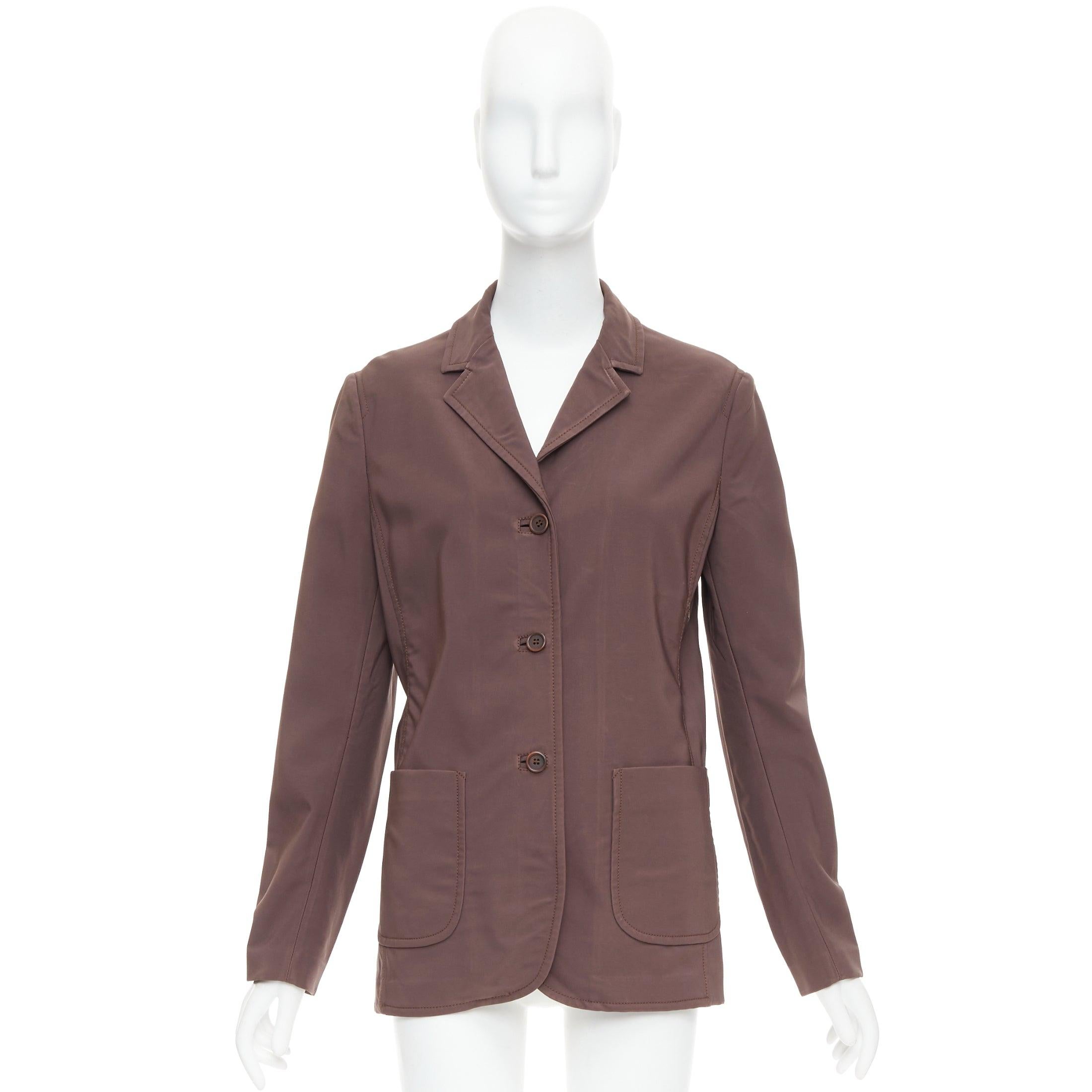 PRADA Vintage brown low sheen twill patch pocket notch lapel jacket IT46 XL For Sale 5