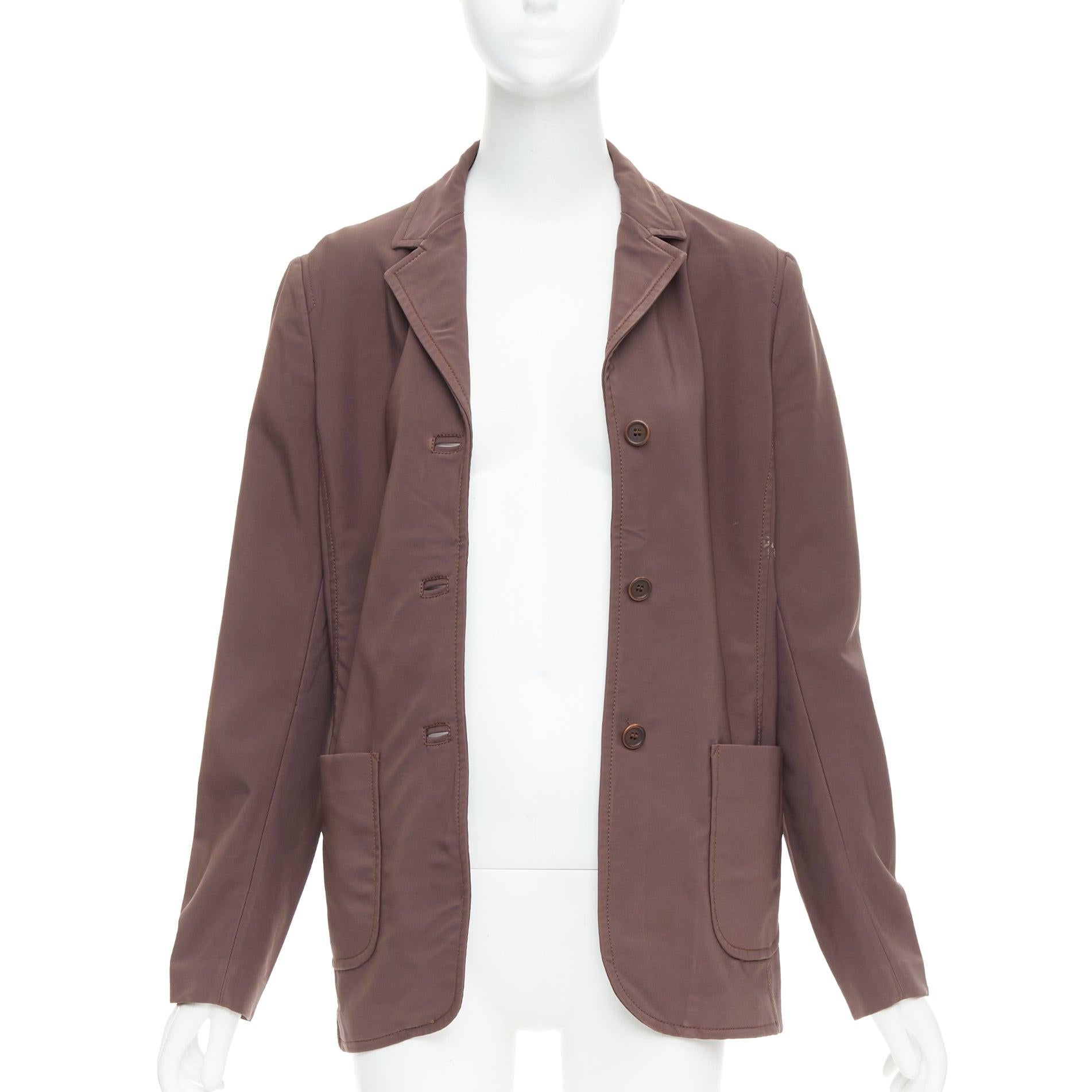 Gray PRADA Vintage brown low sheen twill patch pocket notch lapel jacket IT46 XL For Sale