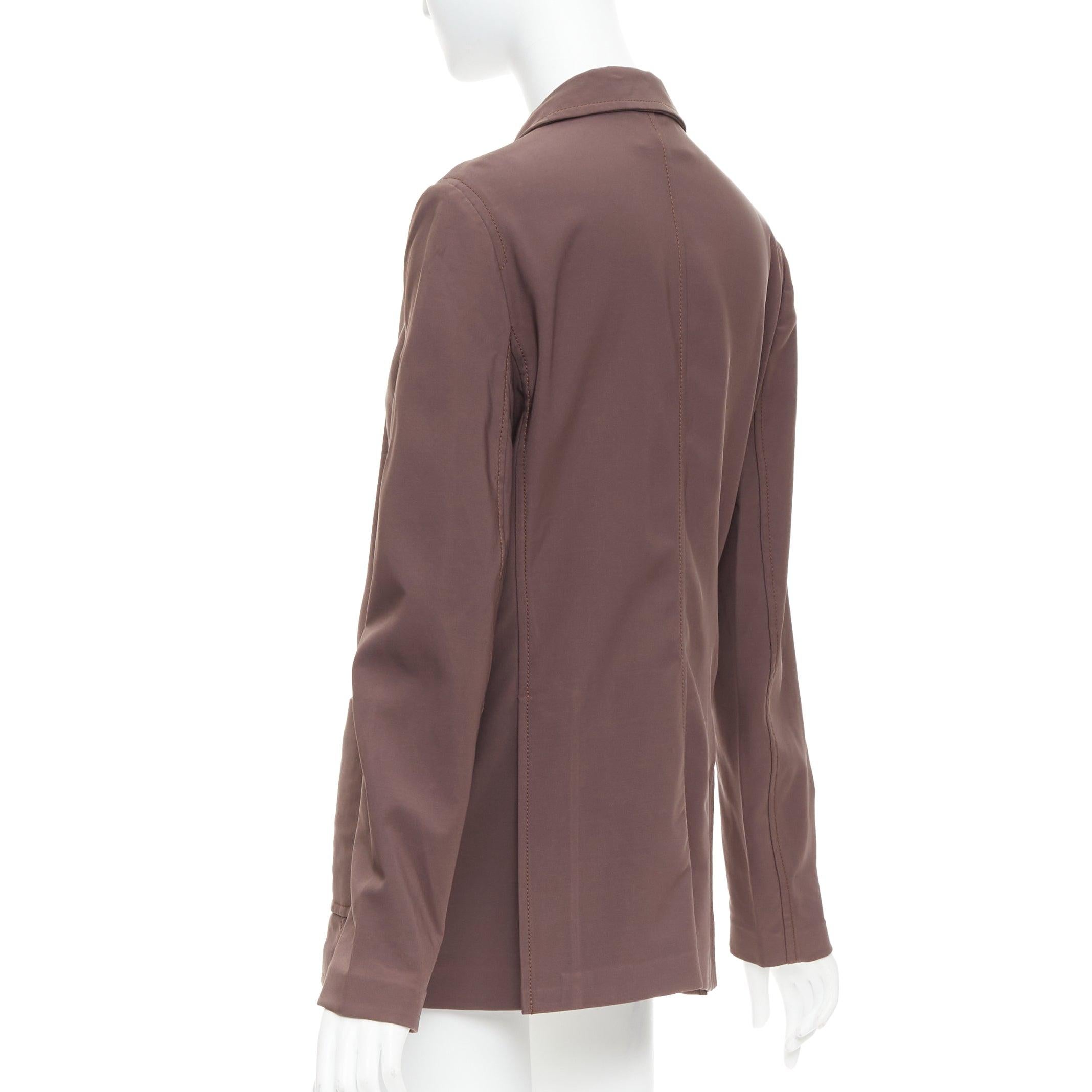 PRADA Vintage brown low sheen twill patch pocket notch lapel jacket IT46 XL For Sale 2