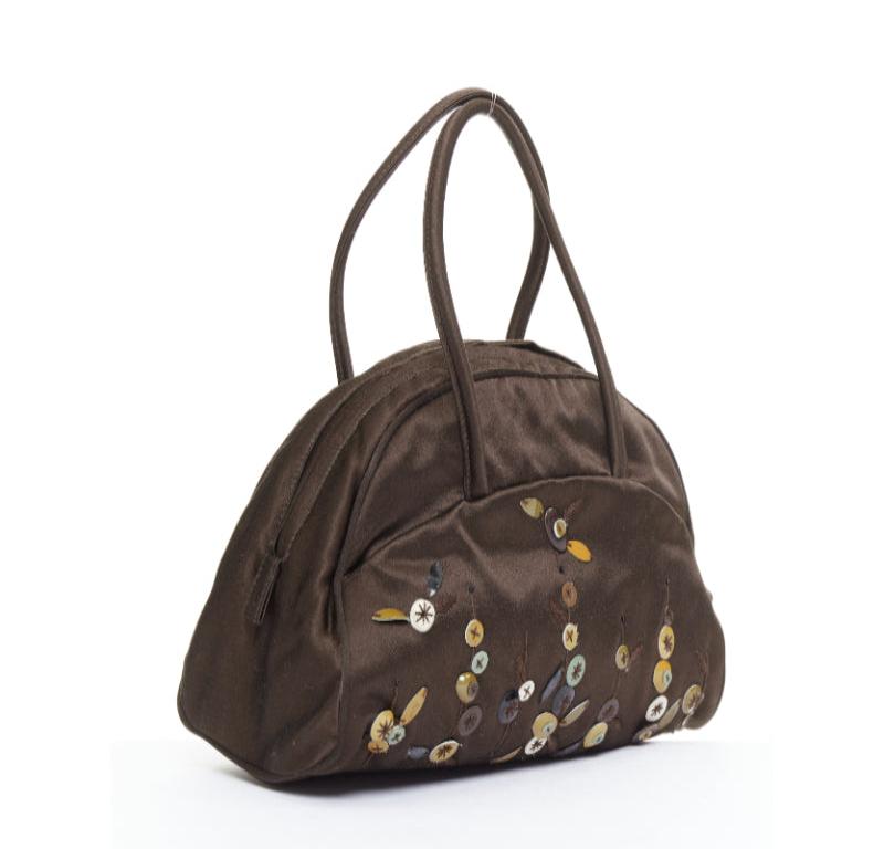 Noir PRADA Vintage brown satin leather beads embroidered top handle bag en vente