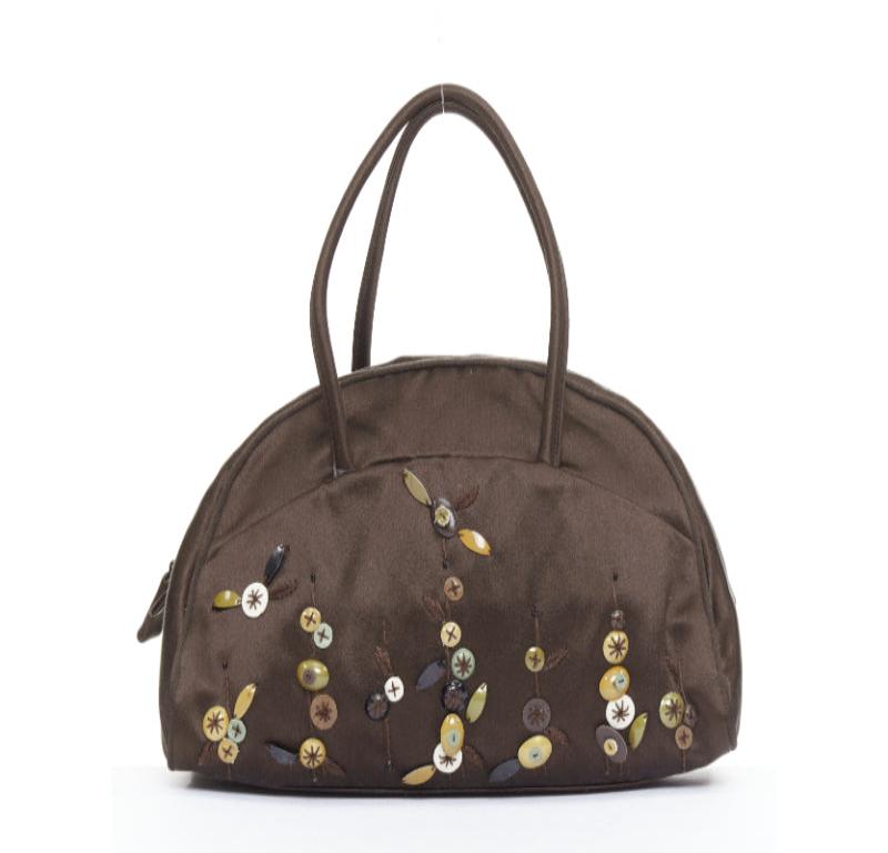 PRADA Vintage brown satin leather beads embroidered top handle bag Pour femmes en vente