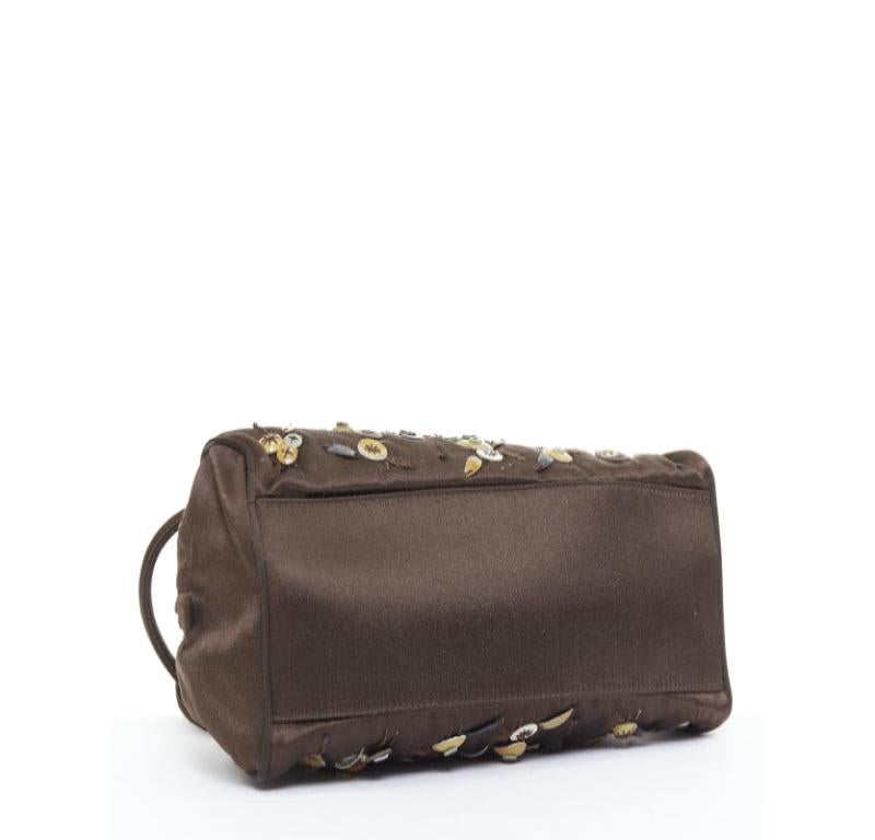 PRADA Vintage brown satin leather beads embroidered top handle bag en vente 1