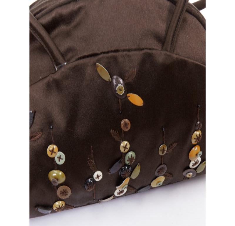 PRADA Vintage brown satin leather beads embroidered top handle bag en vente 2