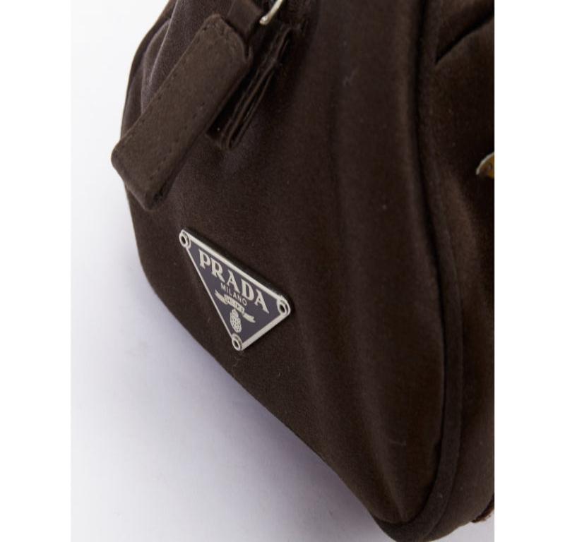 PRADA Vintage brown satin leather beads embroidered top handle bag en vente 3