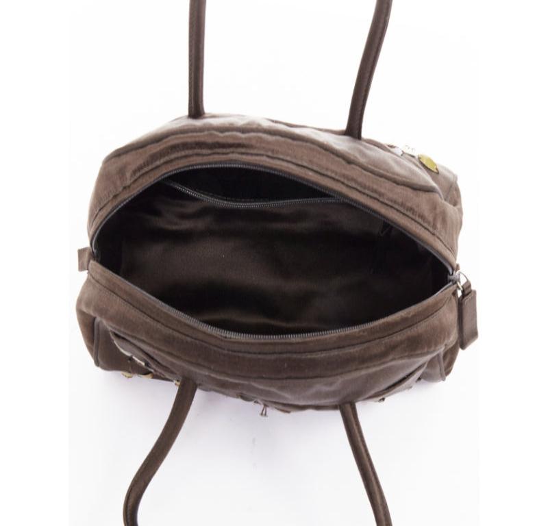 PRADA Vintage brown satin leather beads embroidered top handle bag en vente 4