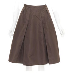 PRADA Vintage brown silk nylon grosgrain box pleat flared a line midi skirt IT42