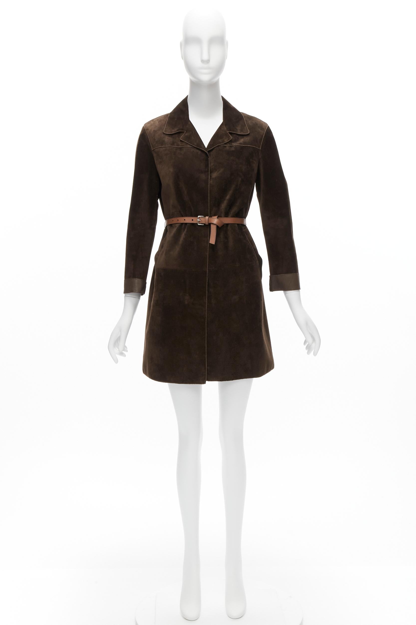 PRADA Vintage brown suede leather belted cuffed sleeve minimal coat IT38 XS 7
