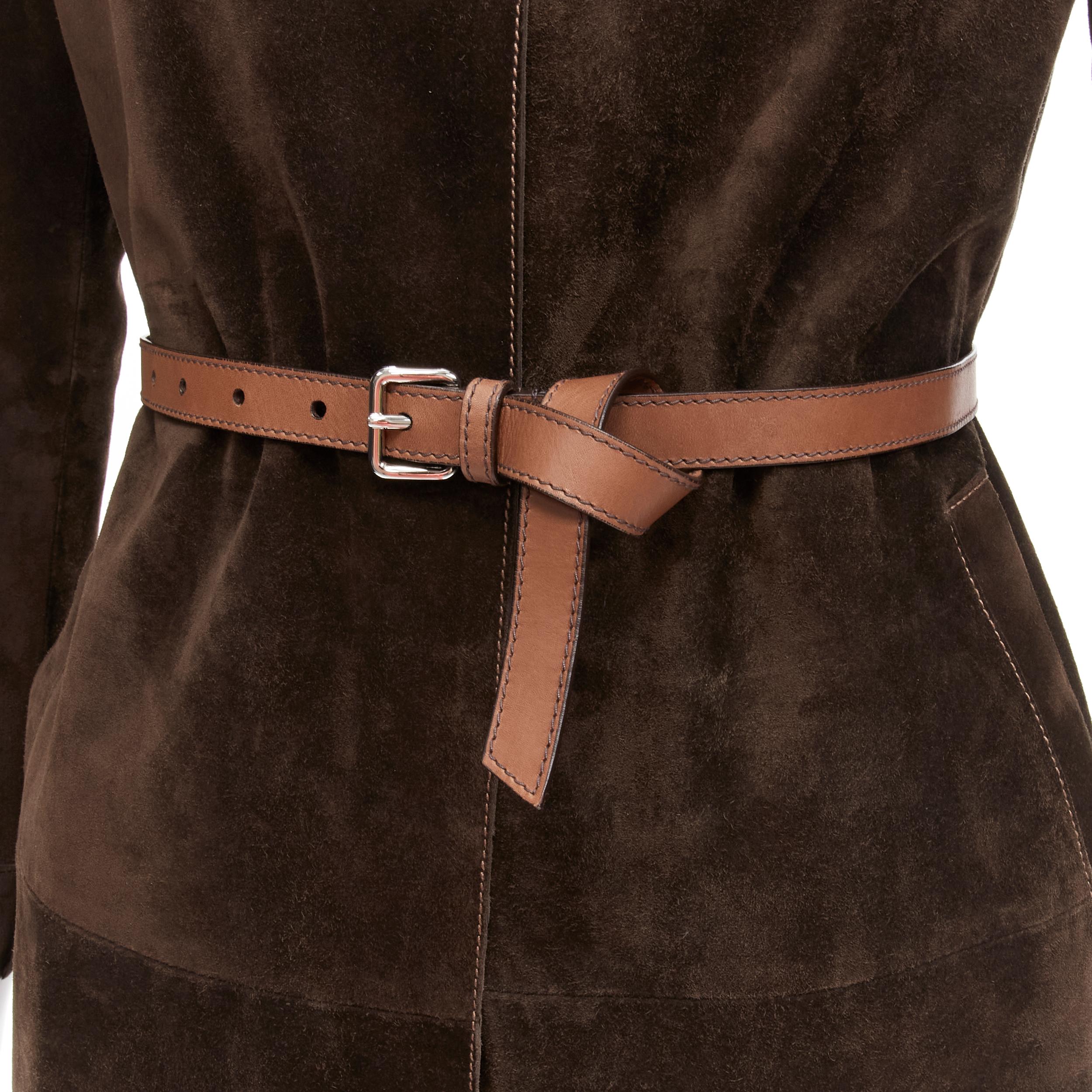 PRADA Vintage brown suede leather belted cuffed sleeve minimal coat IT38 XS
Reference: TGAS/D00133
Brand: Prada
Designer: Miuccia Prada
Material: Suede, Leather
Color: Brown
Pattern: Solid
Closure: Belt
Lining: Brown Leather
Made in:
