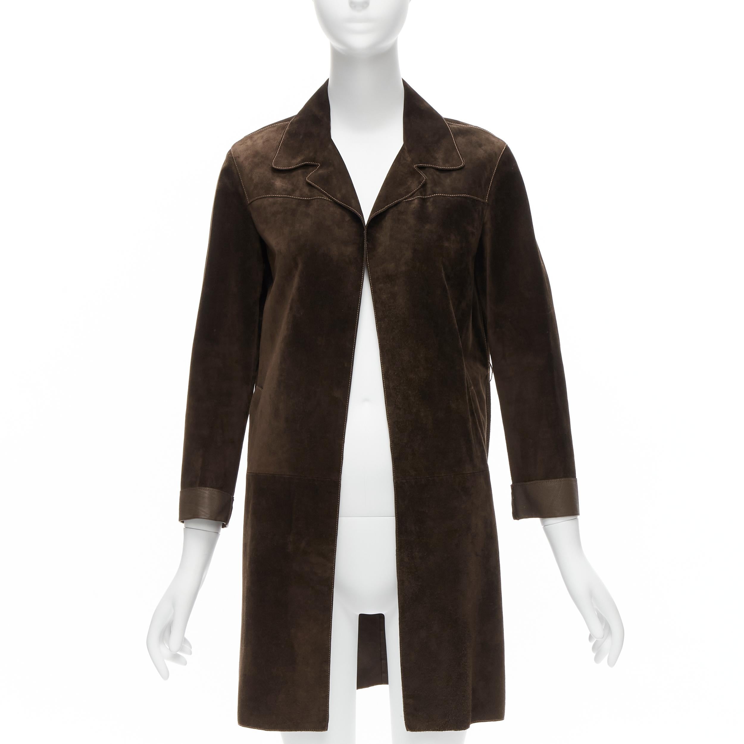 Black PRADA Vintage brown suede leather belted cuffed sleeve minimal coat IT38 XS