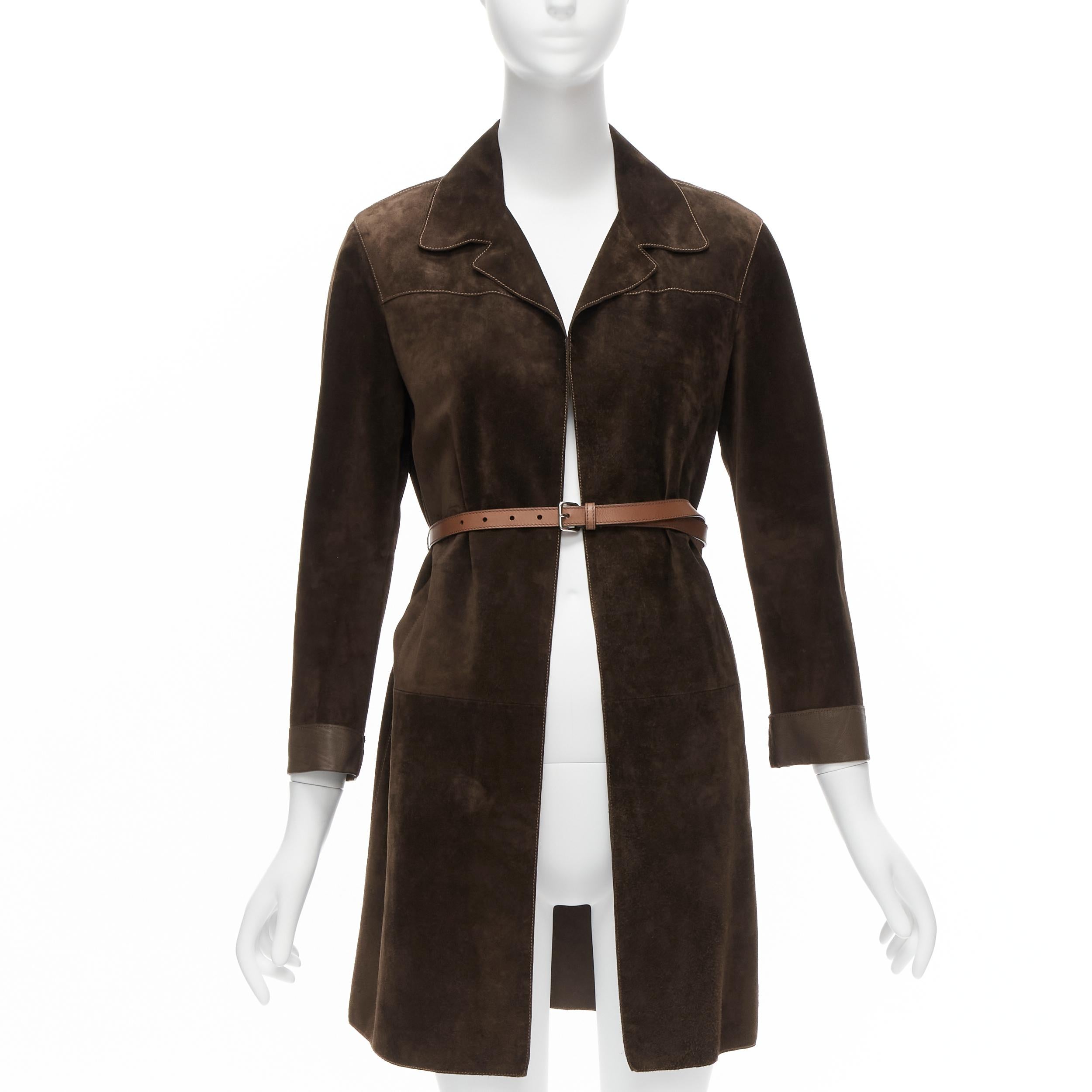 PRADA Vintage brown suede leather belted cuffed sleeve minimal coat IT38 XS In Good Condition In Hong Kong, NT