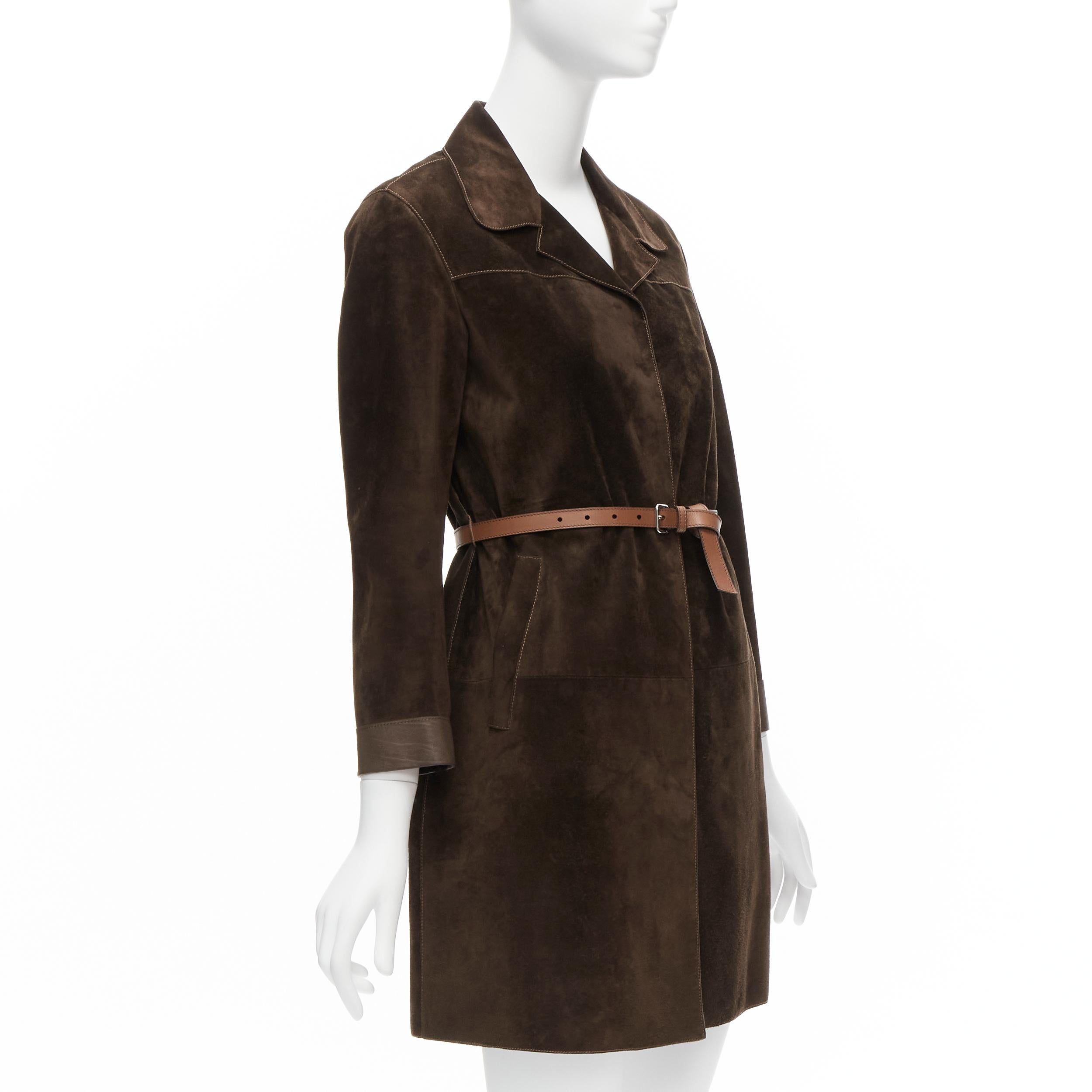 Women's PRADA Vintage brown suede leather belted cuffed sleeve minimal coat IT38 XS