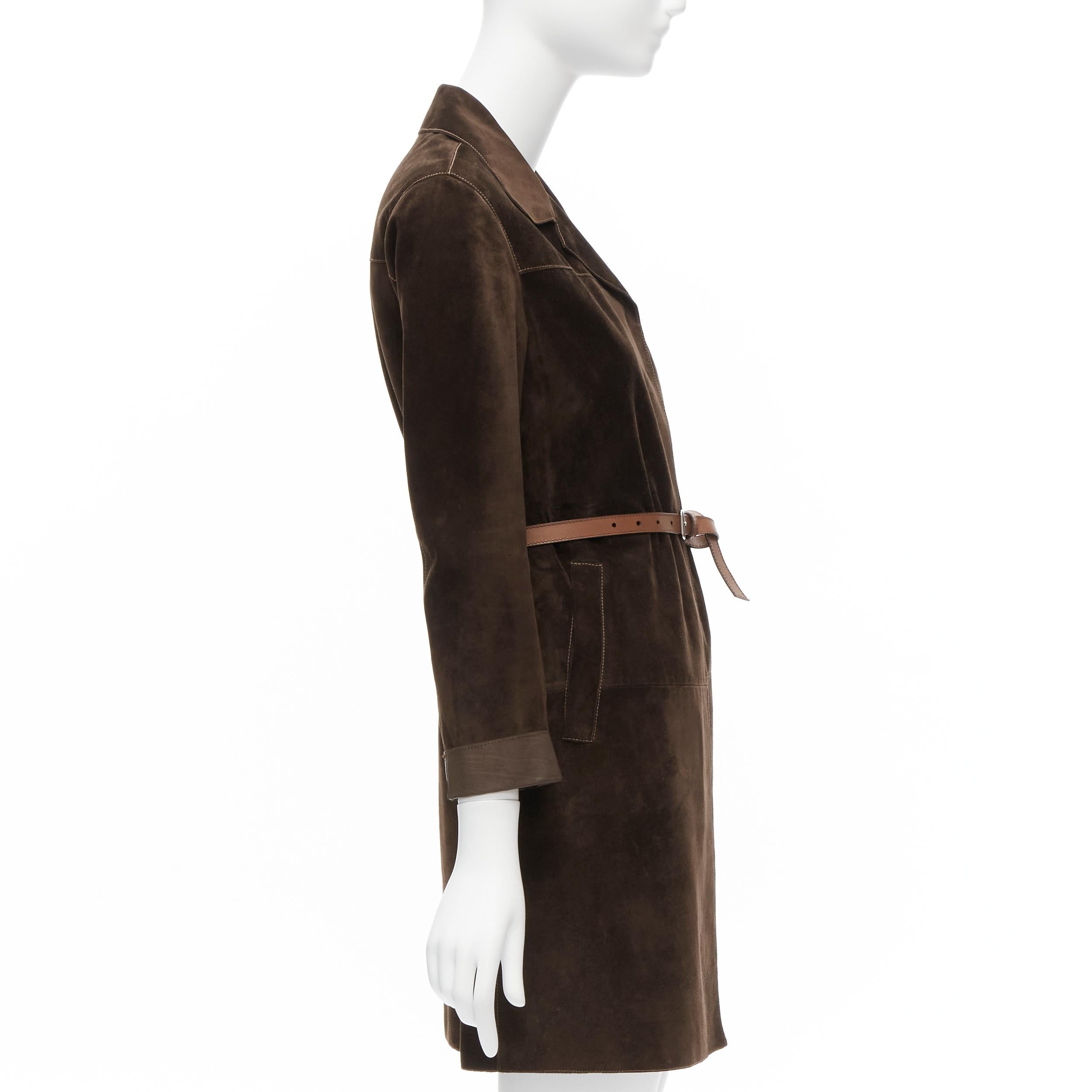 PRADA Vintage brown suede leather belted cuffed sleeve minimal coat IT38 XS 1