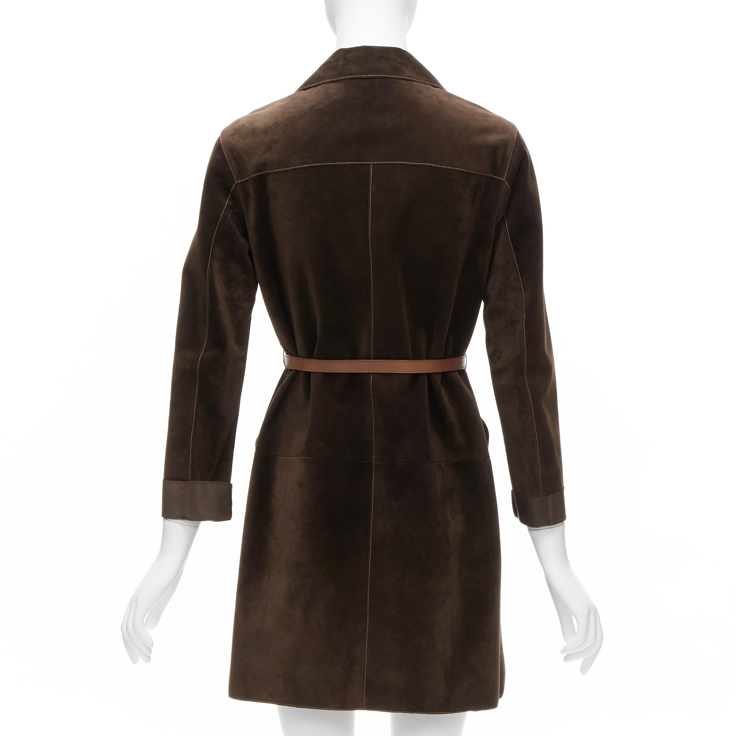 PRADA Vintage brown suede leather belted cuffed sleeve minimal coat IT38 XS 2