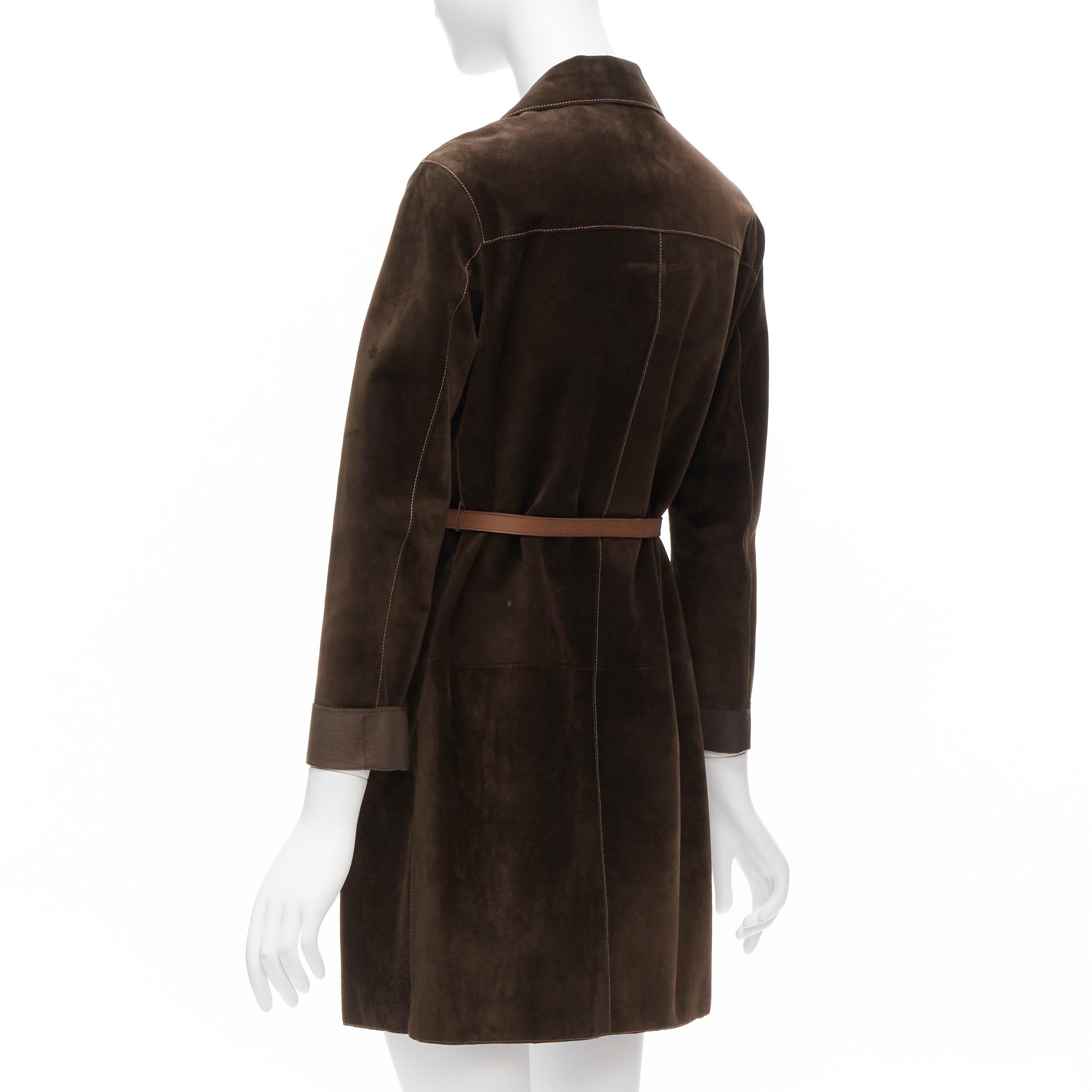 PRADA Vintage brown suede leather belted cuffed sleeve minimal coat IT38 XS 3