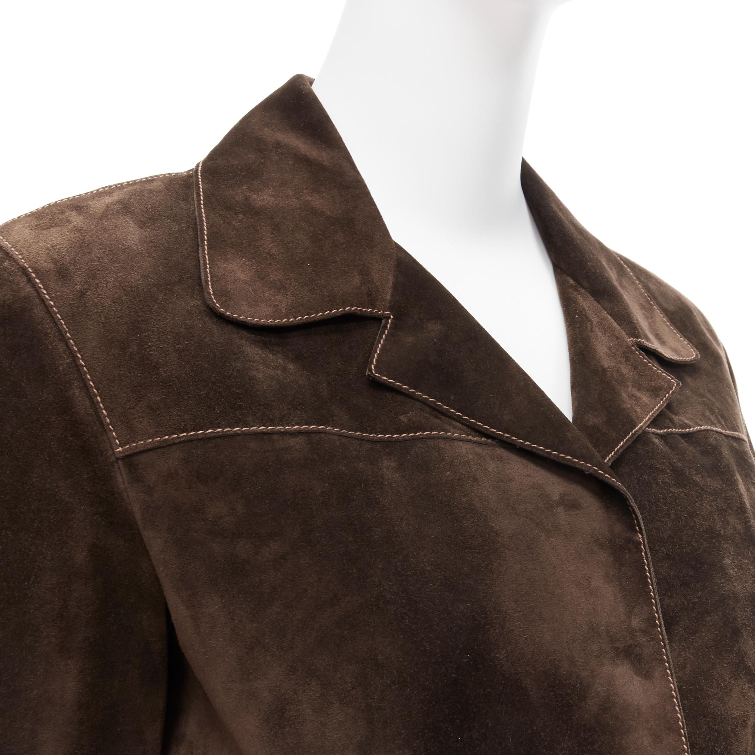 PRADA Vintage brown suede leather belted cuffed sleeve minimal coat IT38 XS 4