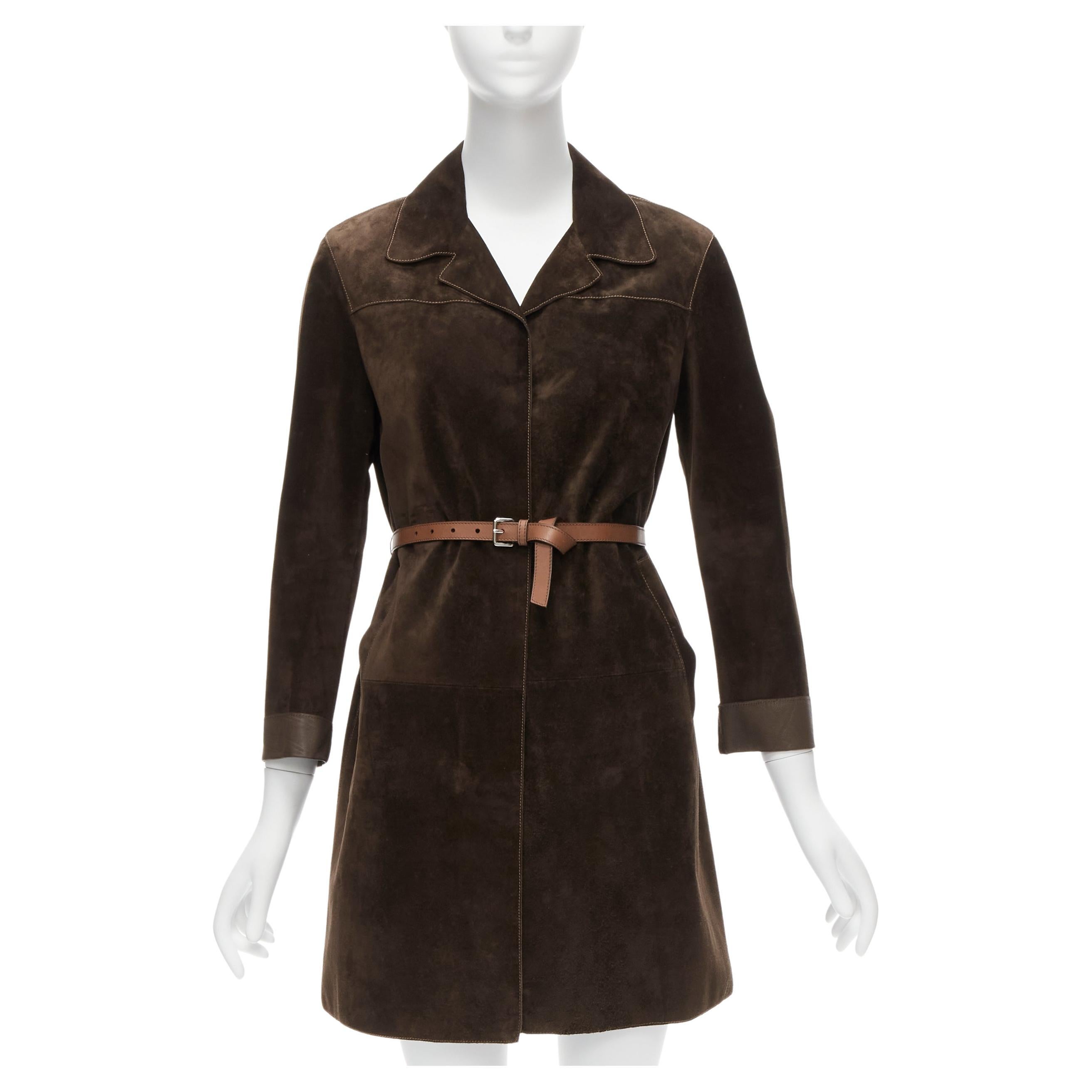 PRADA Vintage brown suede leather belted cuffed sleeve minimal coat IT38 XS