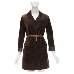 PRADA Cappotto vintage in pelle scamosciata marrone con cintura e manica risvoltata IT38 XS
