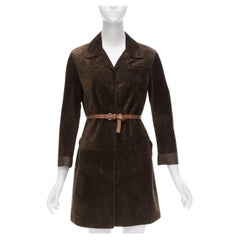 PRADA Vintage manteau en cuir velours marron avec ceinture et manches à revers IT38 XS