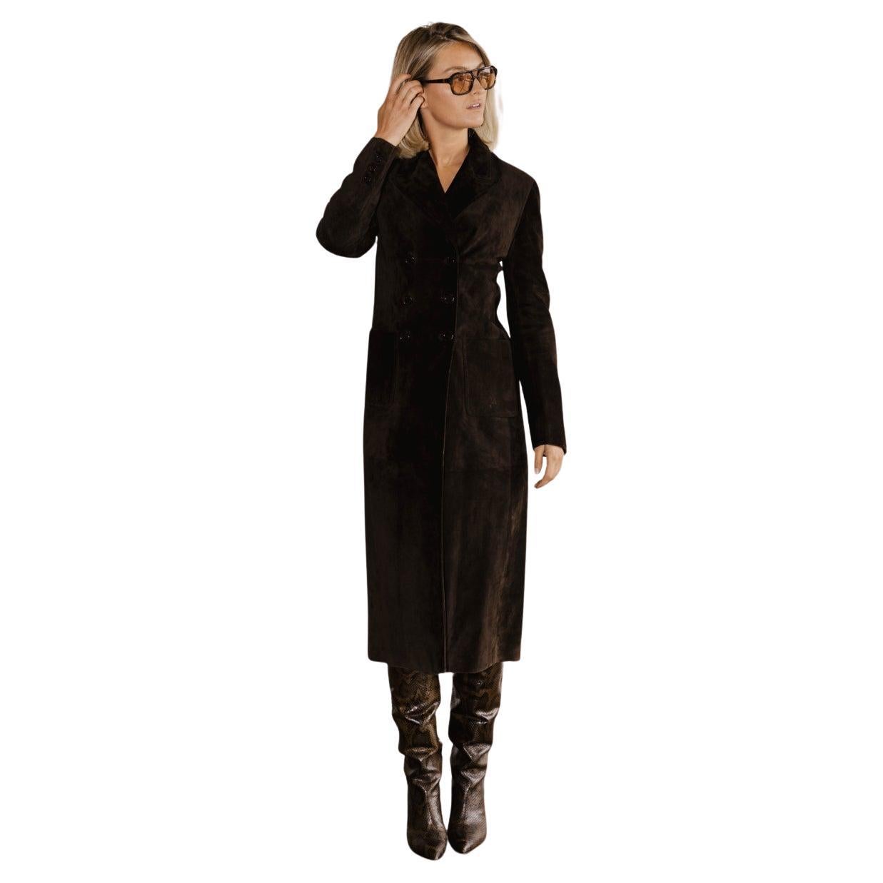 Prada Vintage Brown Suede Maxi Leather Coat Sz IT42 For Sale
