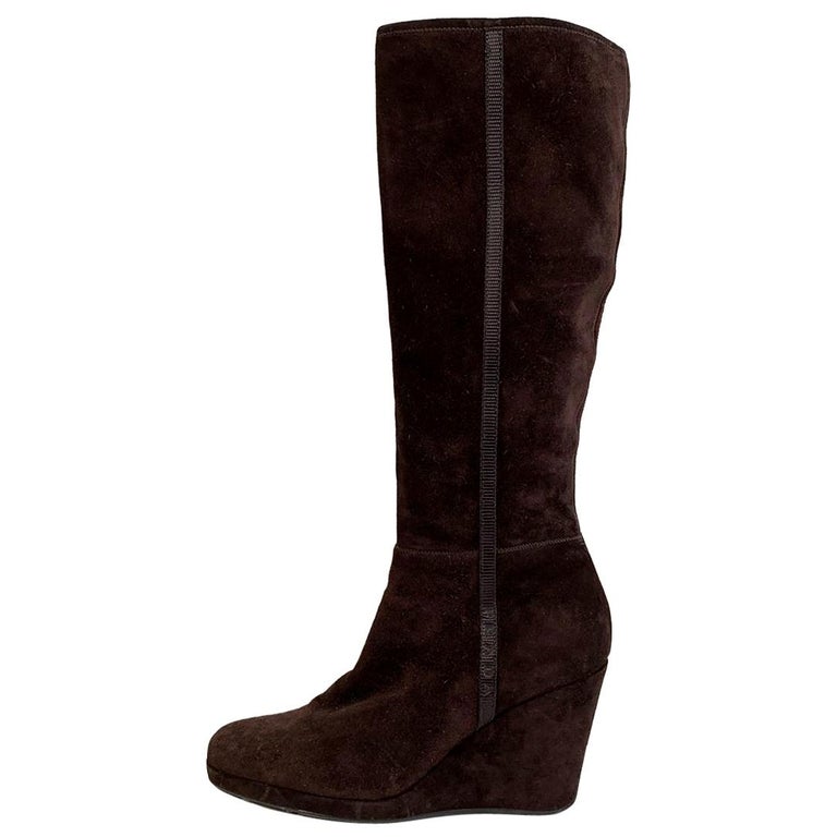 Wedged in Brown: Prada Brown Suede Buckle Wedge Calf Boots