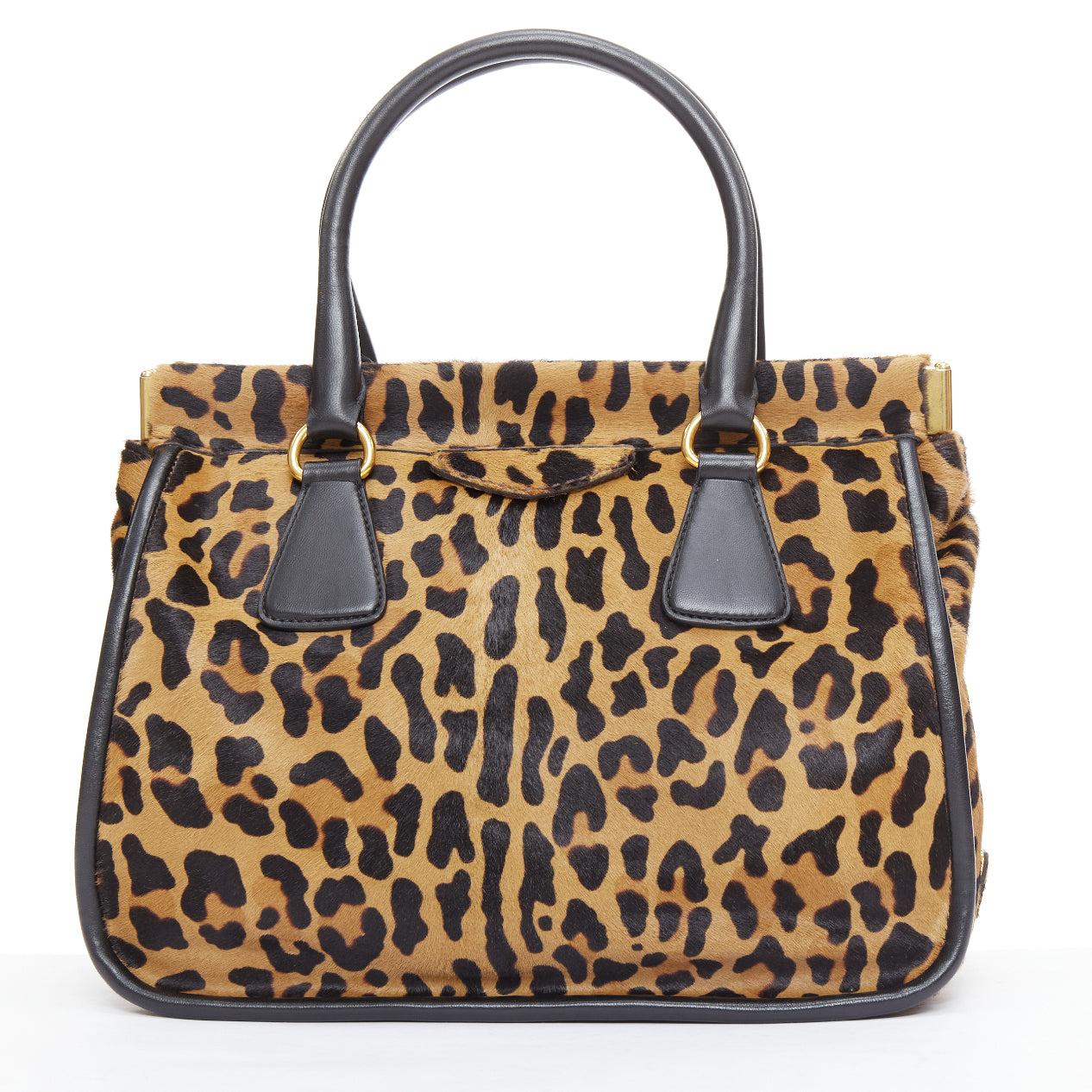 De las mujeres Bolso tote PRADA Vintage Cavallino marrón negro leopardo pelo de becerro marco dorado en venta